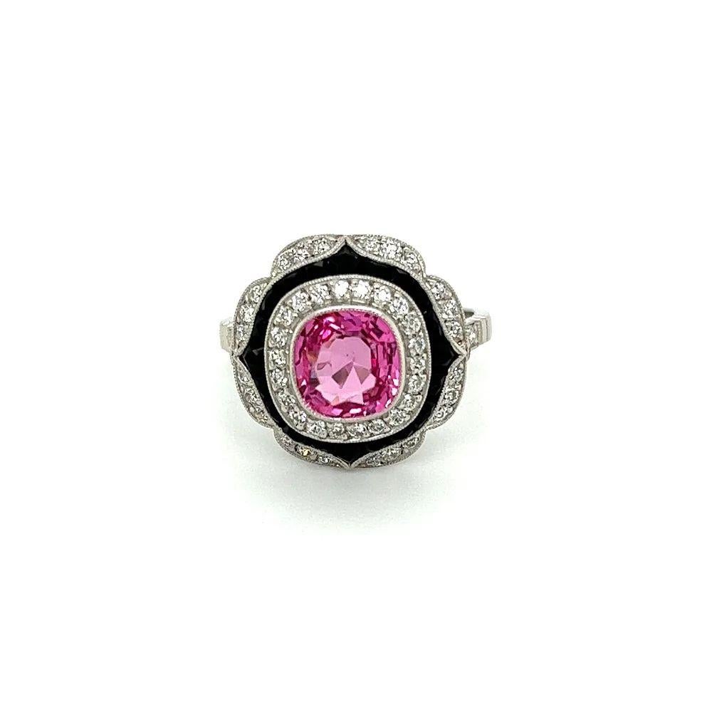 Mixed Cut 1.64 Carat Pink Spinel NO HEAT GIA, Onyx and Diamond Vintage Platinum Ring For Sale