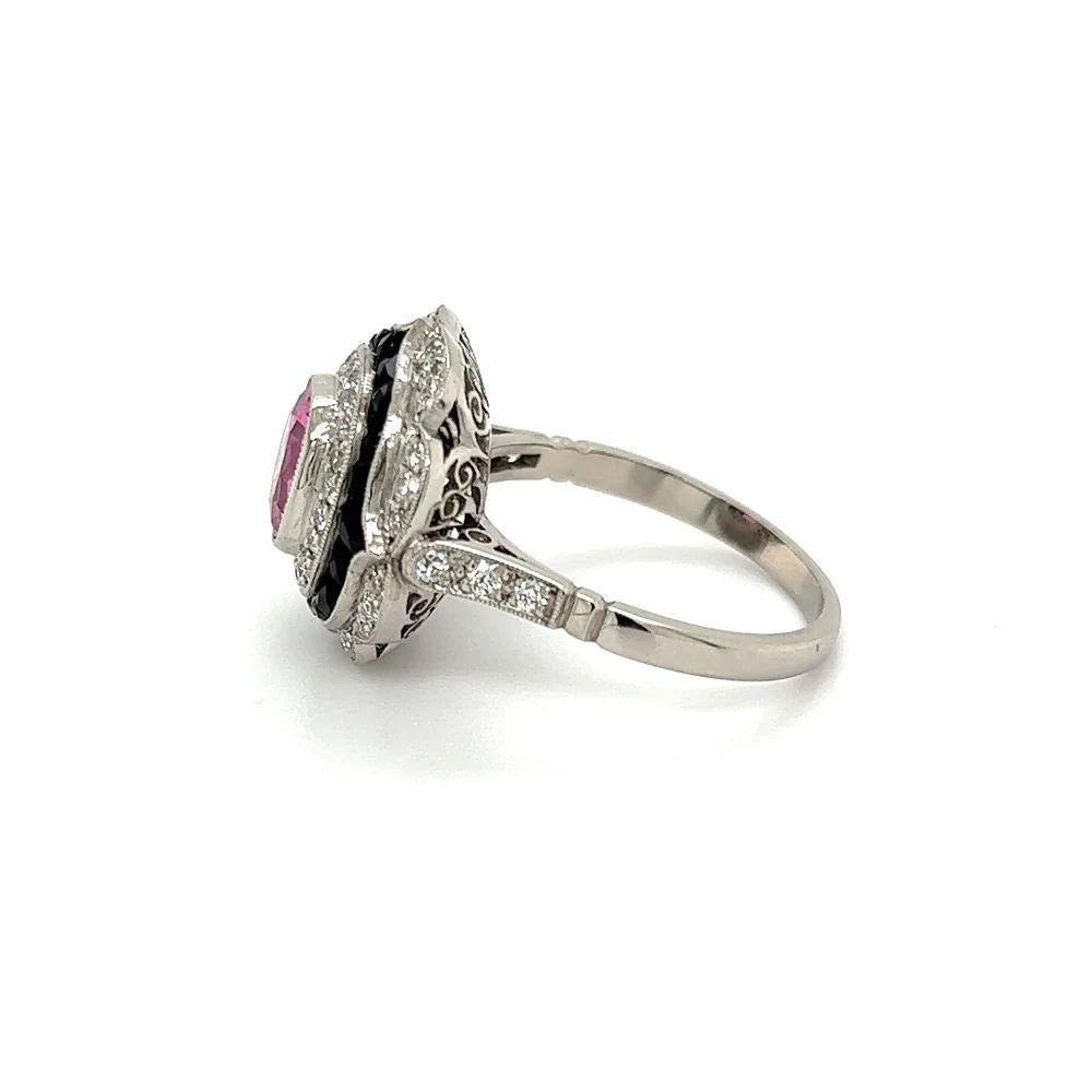 1.64 Carat Pink Spinel NO HEAT GIA, Onyx and Diamond Vintage Platinum Ring For Sale 1