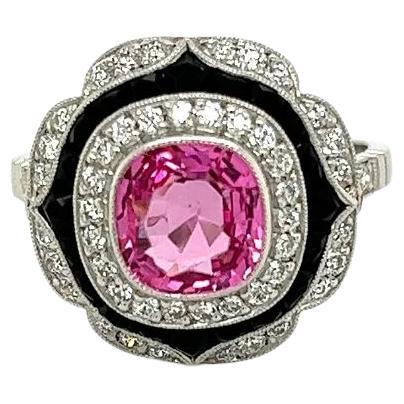 1.64 Carat Pink Spinel NO HEAT GIA, Onyx and Diamond Vintage Platinum Ring For Sale