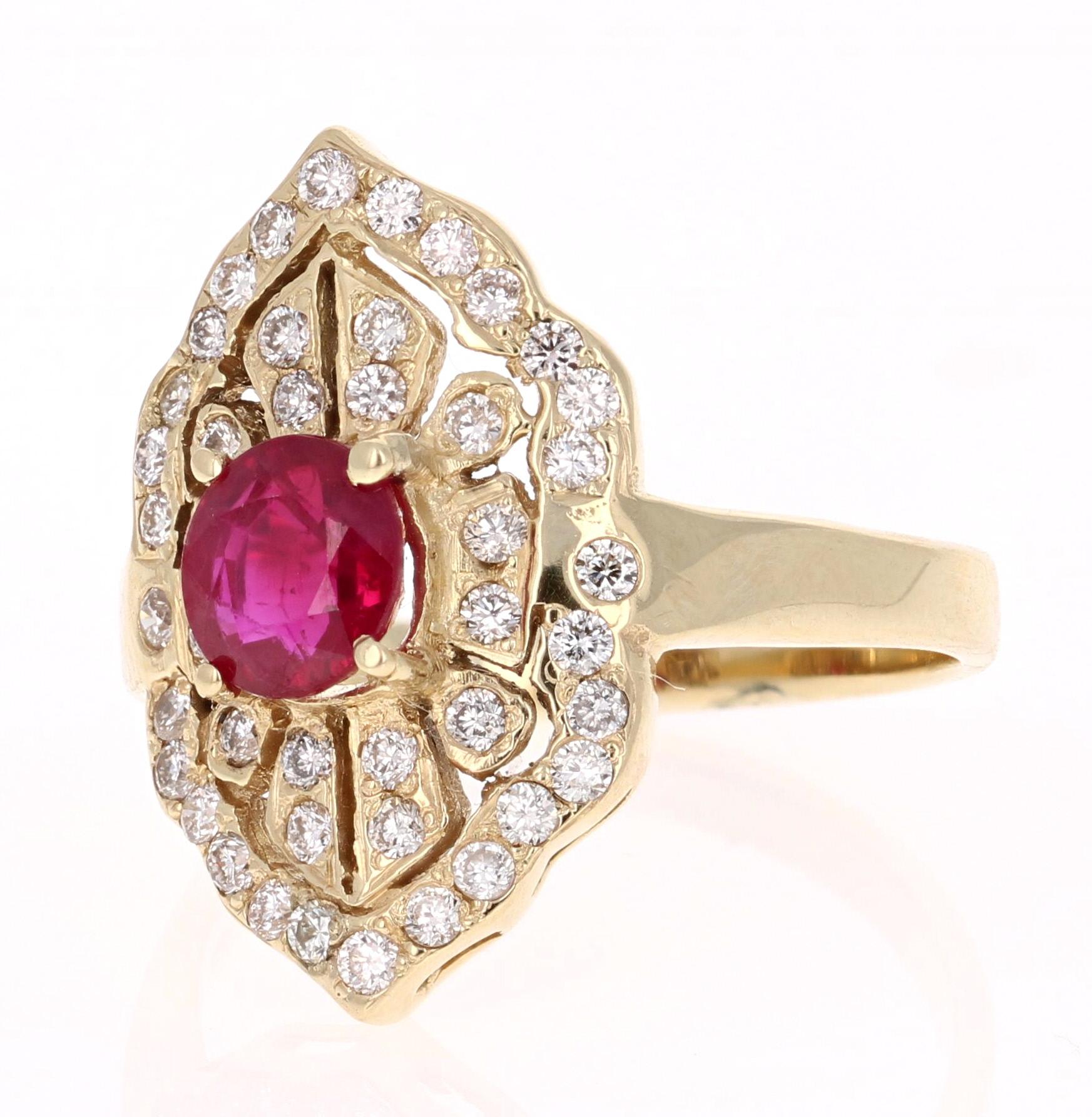 This Art-Deco Inspired Ring is truly a unique vintage beauty! The Oval Cut Ruby is 1.10 carats and is surrounded by 44 Round Cut Diamonds that weigh 0.54 carat (Clarity: VS2, Color: H).  The total carat weight of the ring is 1.64 carats.  The ring