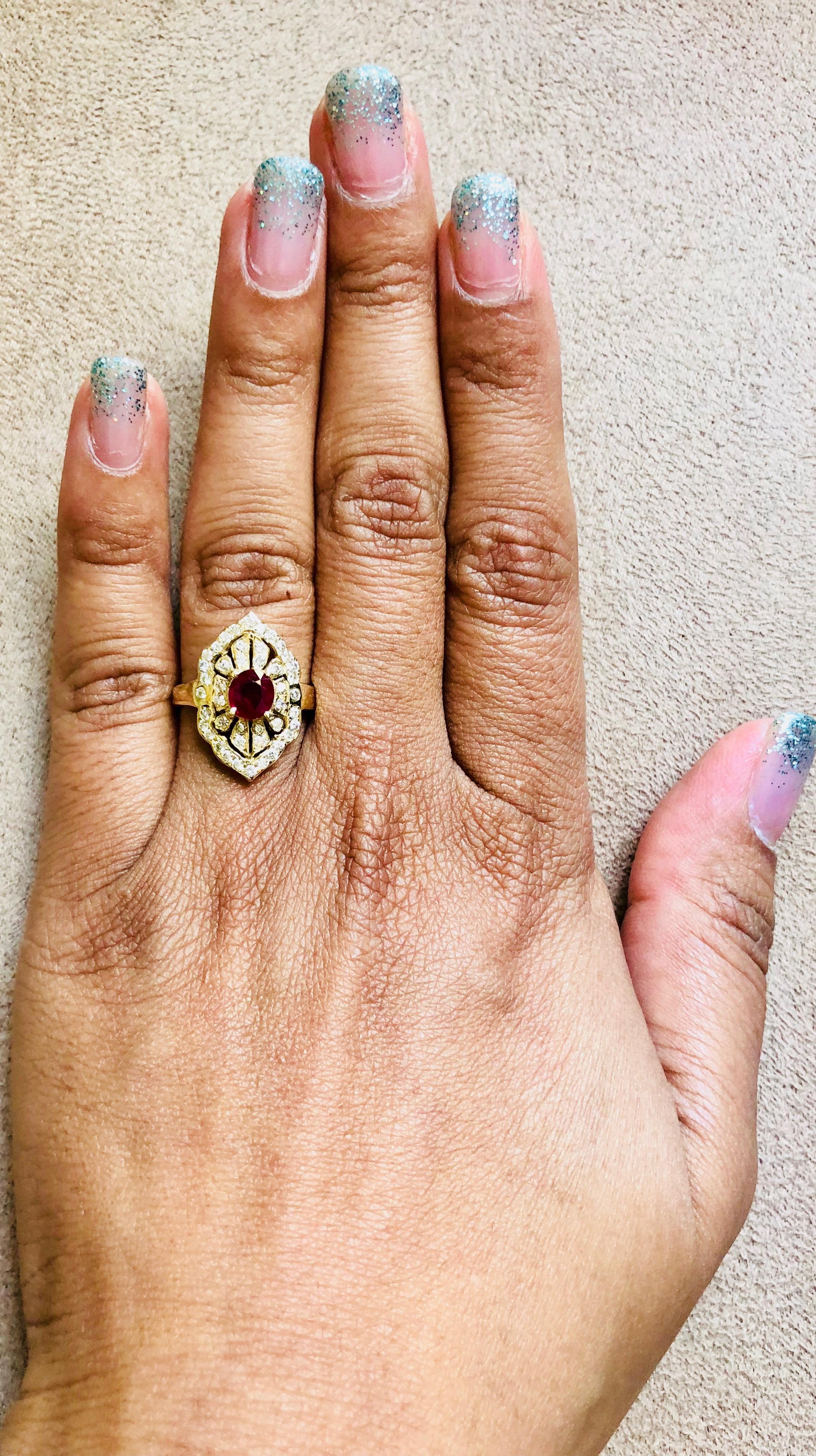 1.64 Carat Ruby Diamond Art Deco 14K Yellow Gold Cocktail Ring In New Condition In Los Angeles, CA