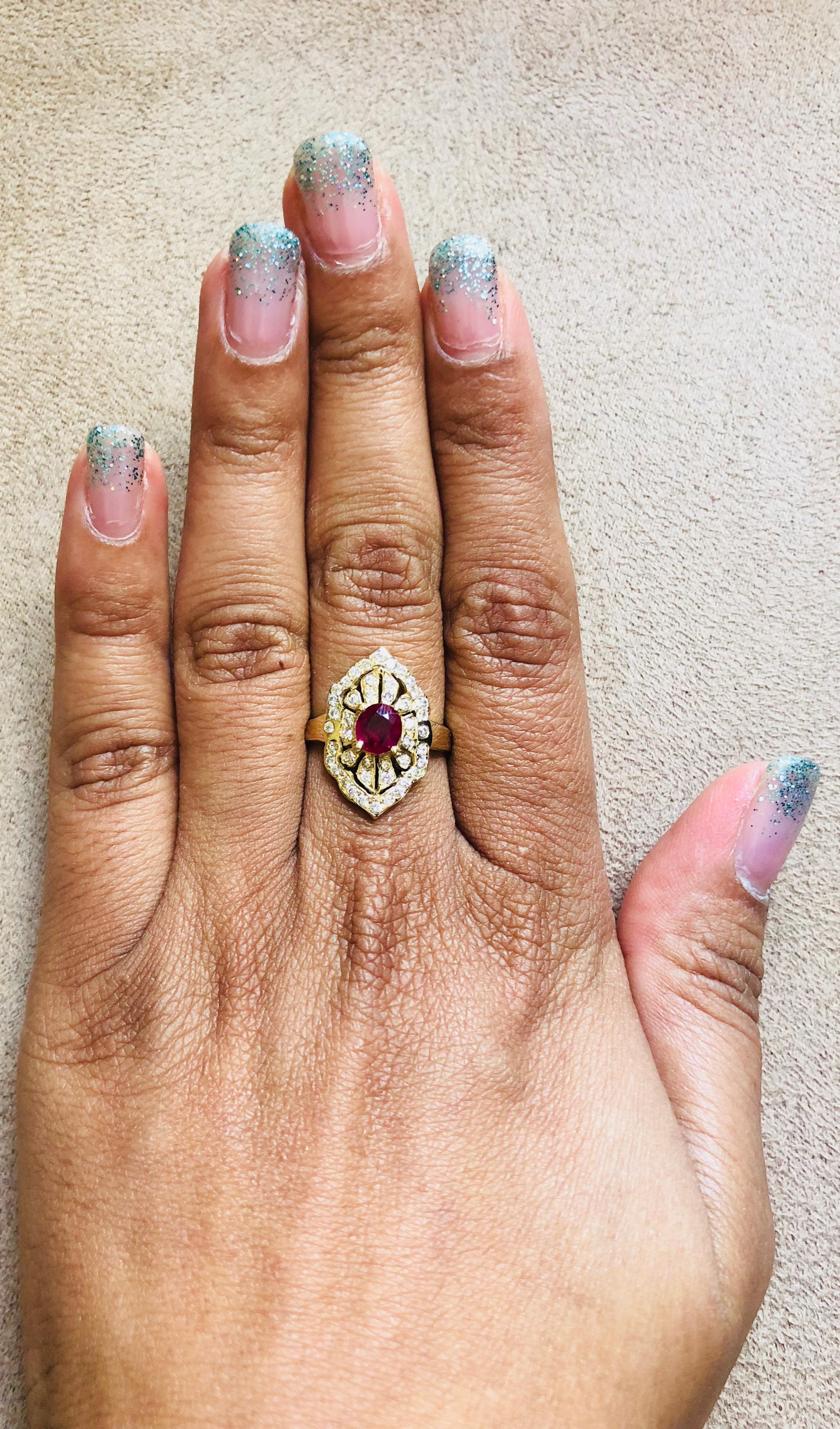 Women's 1.64 Carat Ruby Diamond Art Deco 14K Yellow Gold Cocktail Ring
