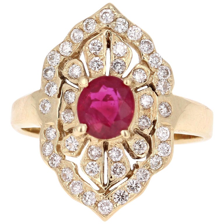 1.64 Carat Ruby Diamond Art Deco 14K Yellow Gold Cocktail Ring For Sale ...