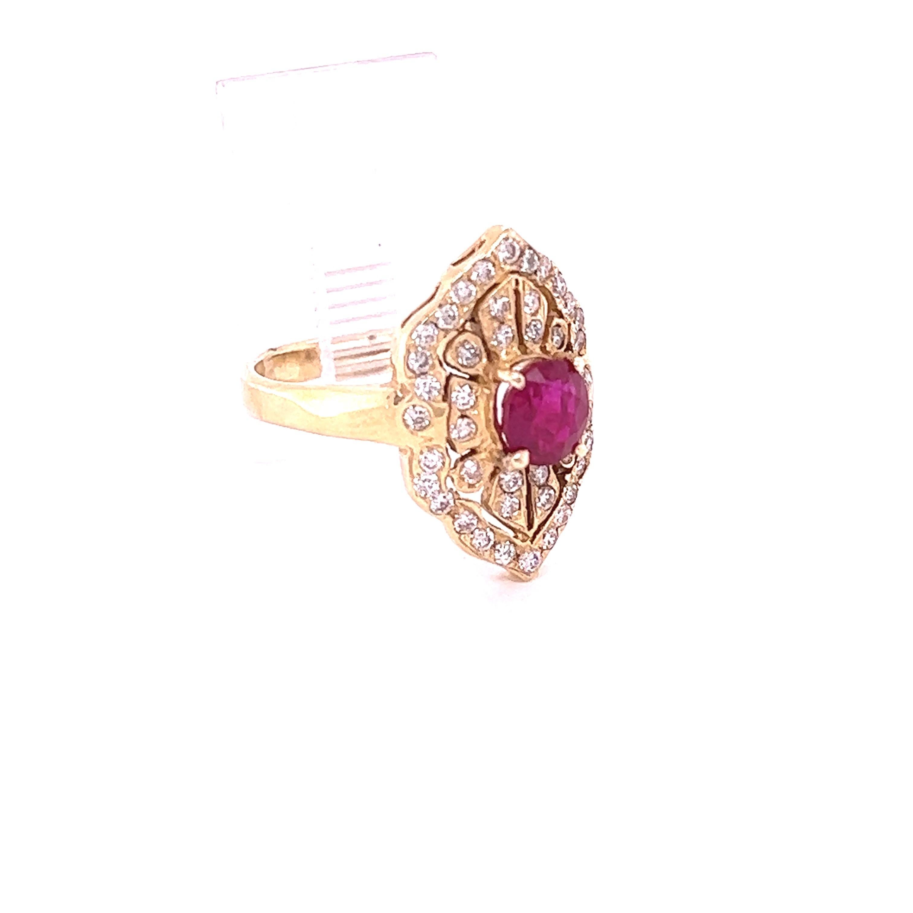 This ring has an Round/Oval Cut Ruby that weighs 1.10 carats and 38 Round Cut Diamonds that weigh 0.54 carats with a clarity and color of VS-H. The Ruby measures at approximately 5 mm. 

The ring is casted in 14K Yellow Gold and weighs approximately