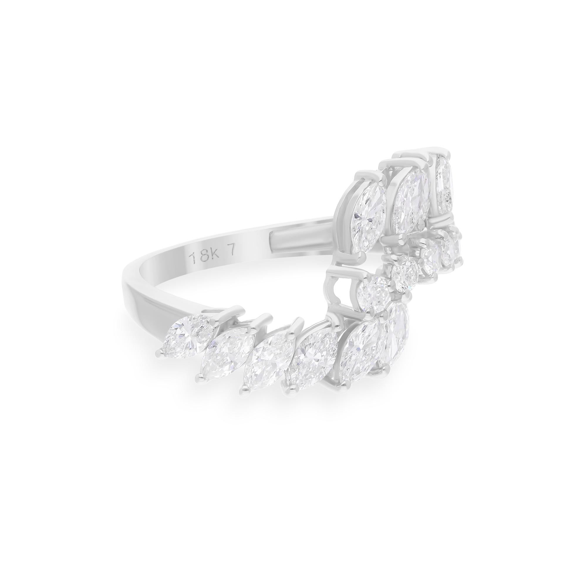 Marquise Cut 1.64 Carat SI Clarity HI Color Marquise Round Diamond Ring 18 Karat White Gold For Sale