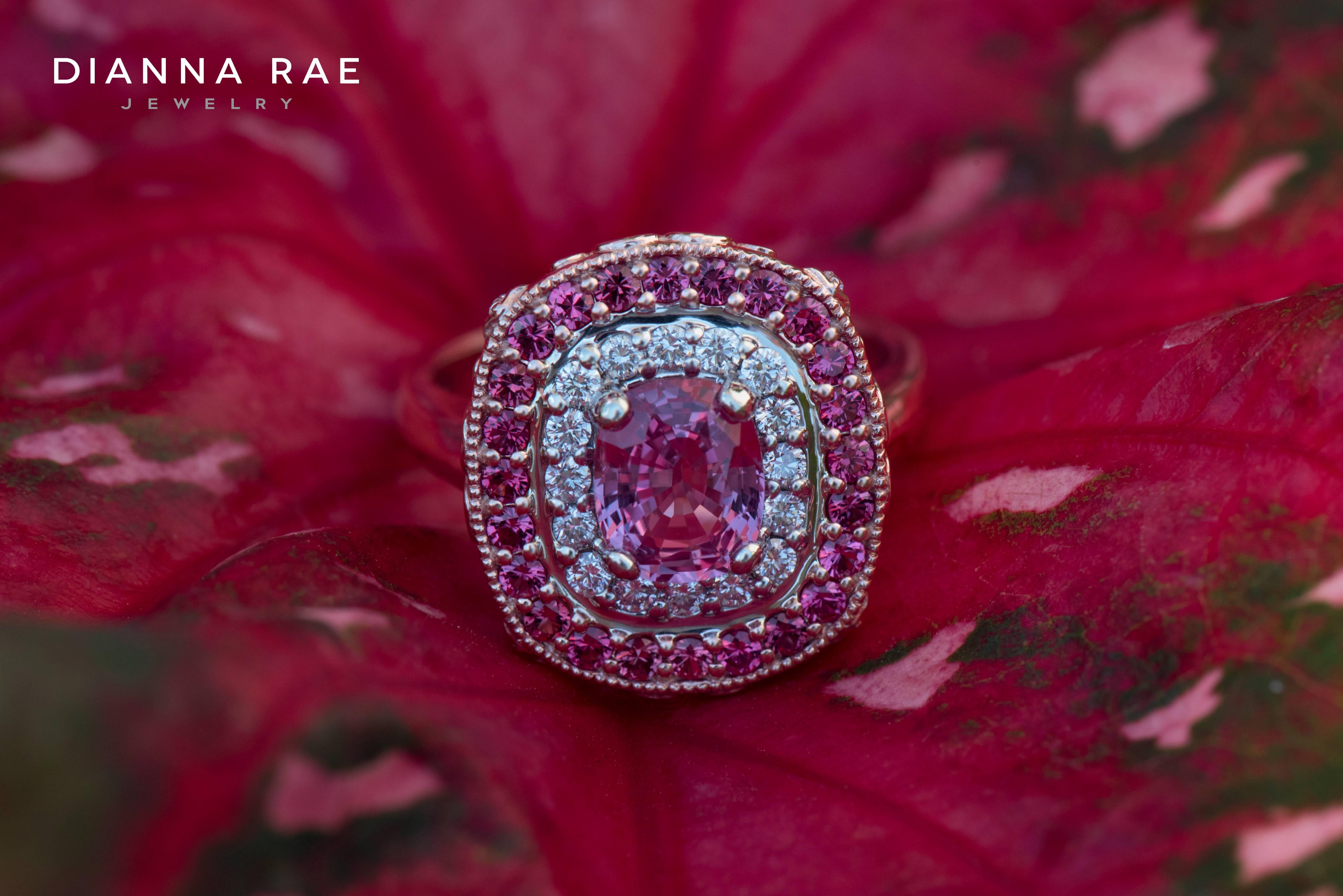 Contemporary 1.64 Carat Sri Lanka Pink Sapphire No Heat Ring with Pink Spinel Diamond Halo For Sale