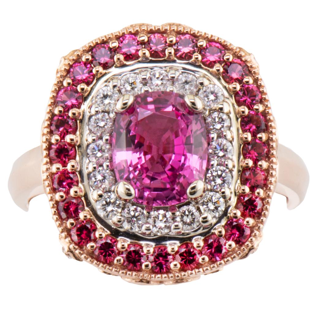 1.64 Carat Sri Lanka Pink Sapphire No Heat Ring with Pink Spinel Diamond Halo For Sale
