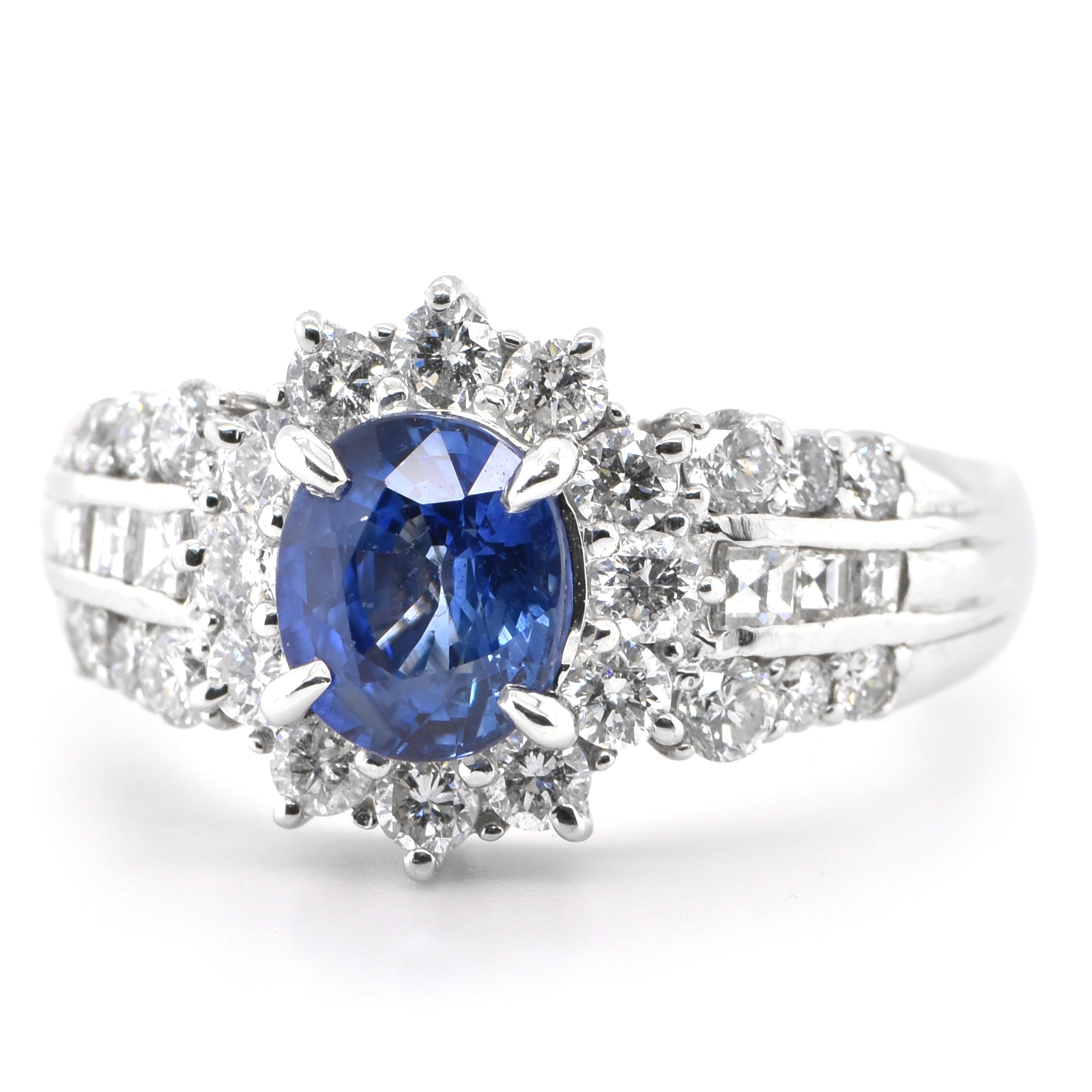 A beautiful ring featuring a 1.64 Carat Natural Blue Sapphire and 1.00 Carats Diamond Accents set in Platinum. Sapphires have extraordinary durability - they excel in hardness as well as toughness and durability making them very popular in jewelry.