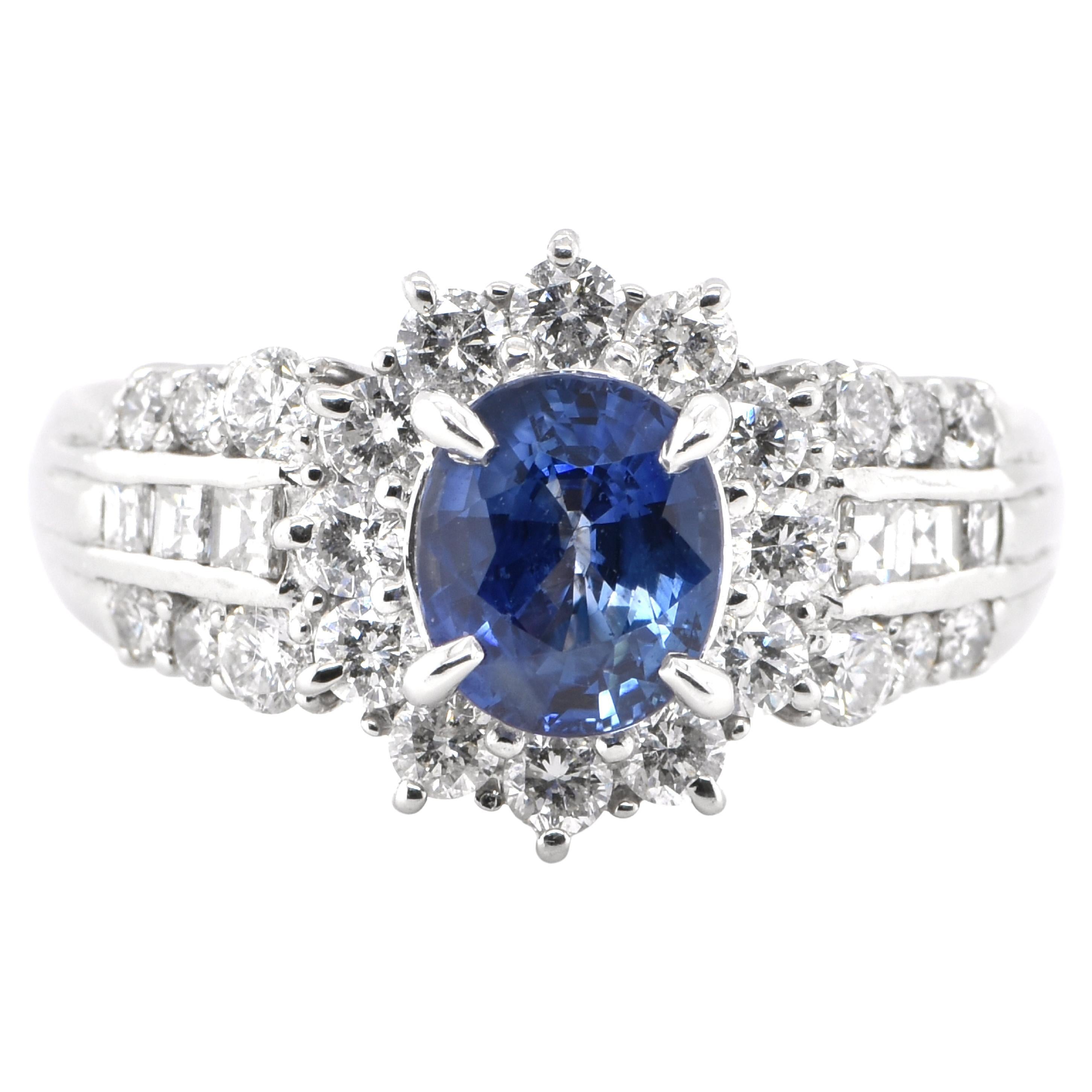 1.64 Carat Vintage Natural Sapphire and Diamond Ring Set in Platinum