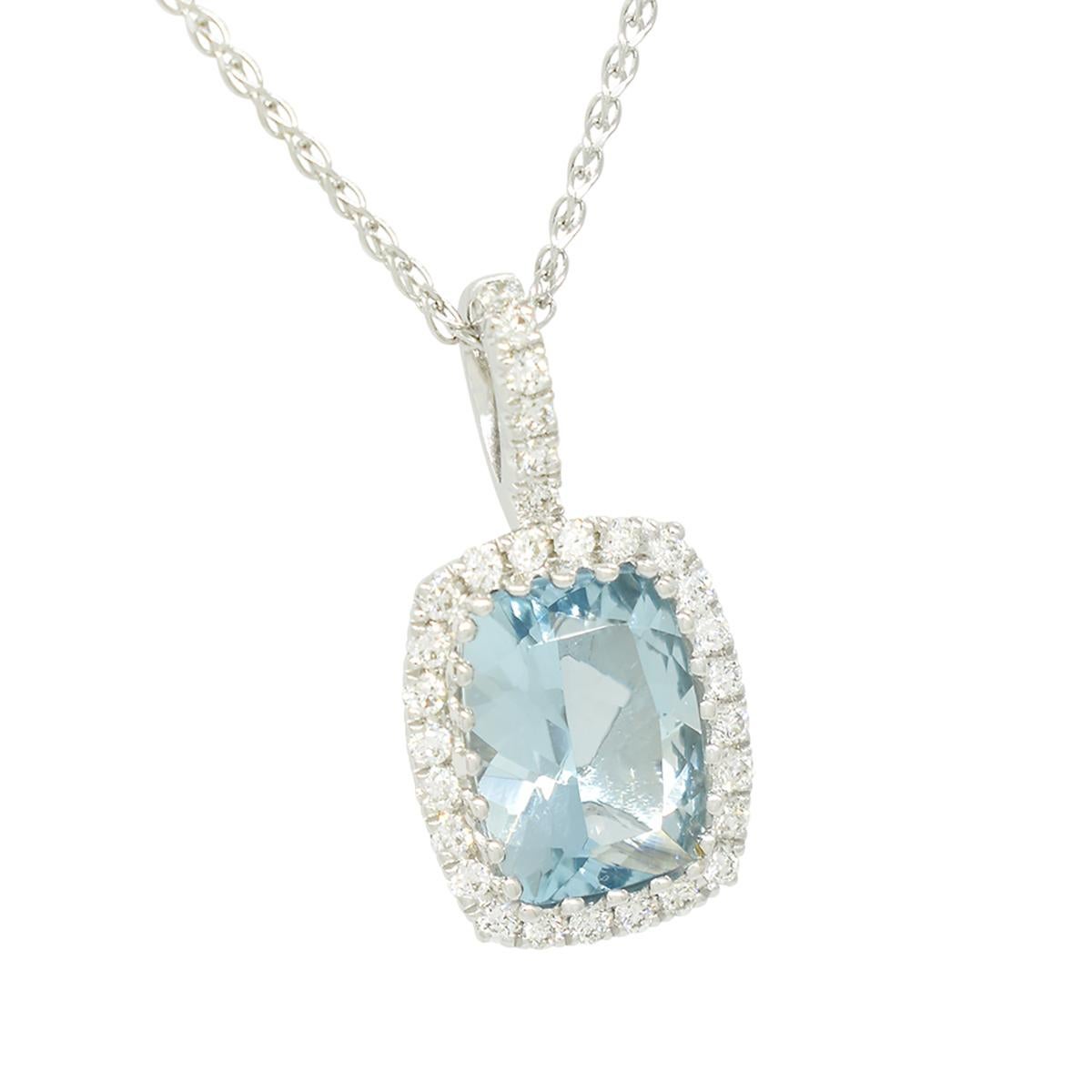 Aquamarine and diamond necklace made in 14K white gold with a stunning 1.64 carats cushion cut genuine aquamarine and 30 round cut diamonds. Take a look to the fine and tiny prongs holding the aquamarine, they create an exquisite frame for the