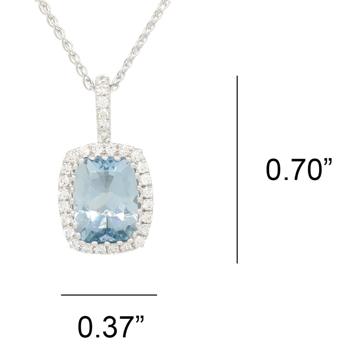 1.64 Carats Cushion Cut Aquamarine Necklace with Genuine Diamonds in White Gold For Sale 2