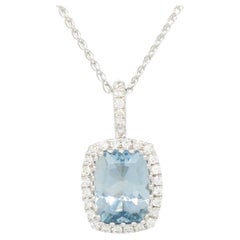 1.64 Carats Cushion Cut Aquamarine Necklace with Genuine Diamonds in White Gold
