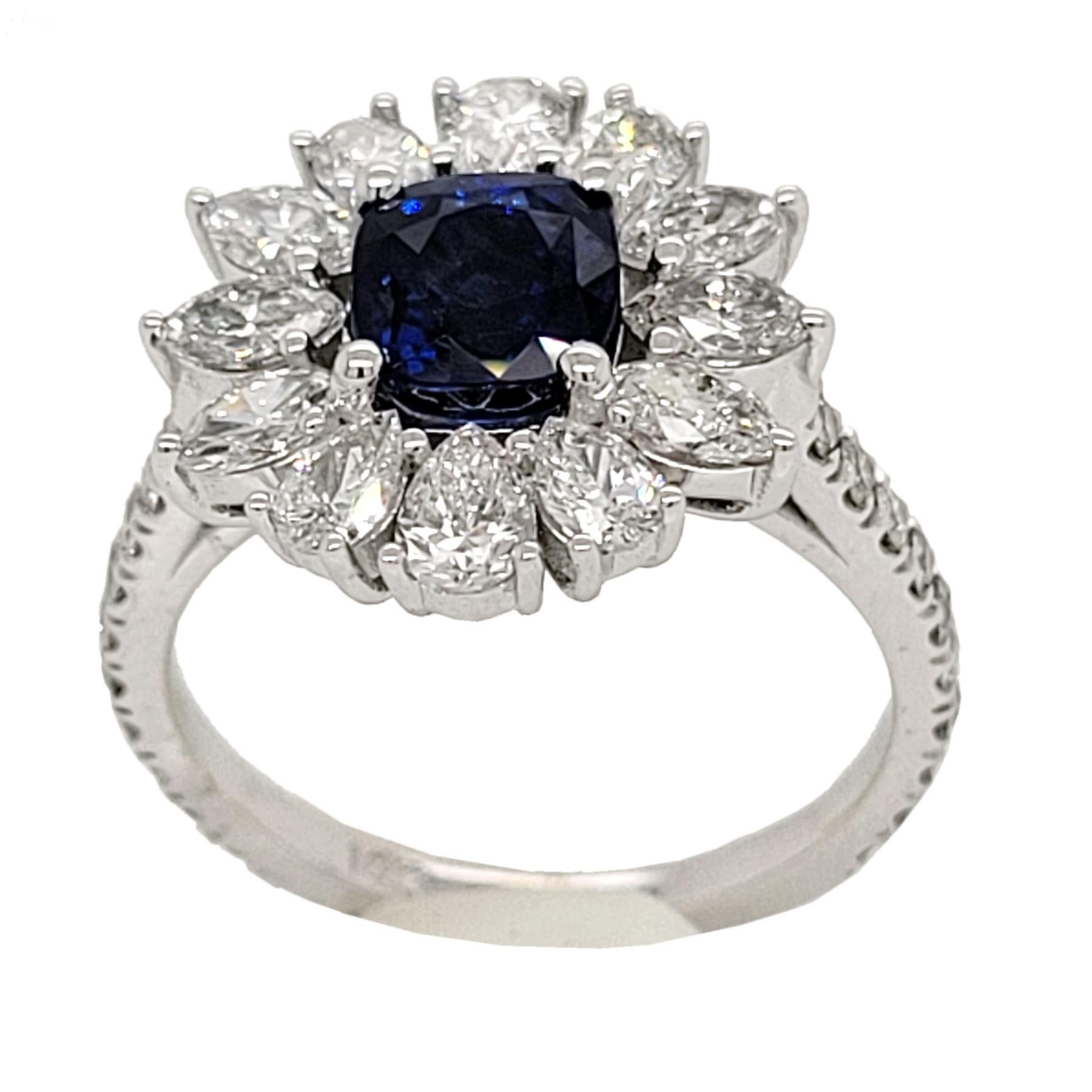 Contemporary 1.64C Cushion Sapphire 18K Pave Set Engagement Ring with Pear & Marrquis Halo For Sale