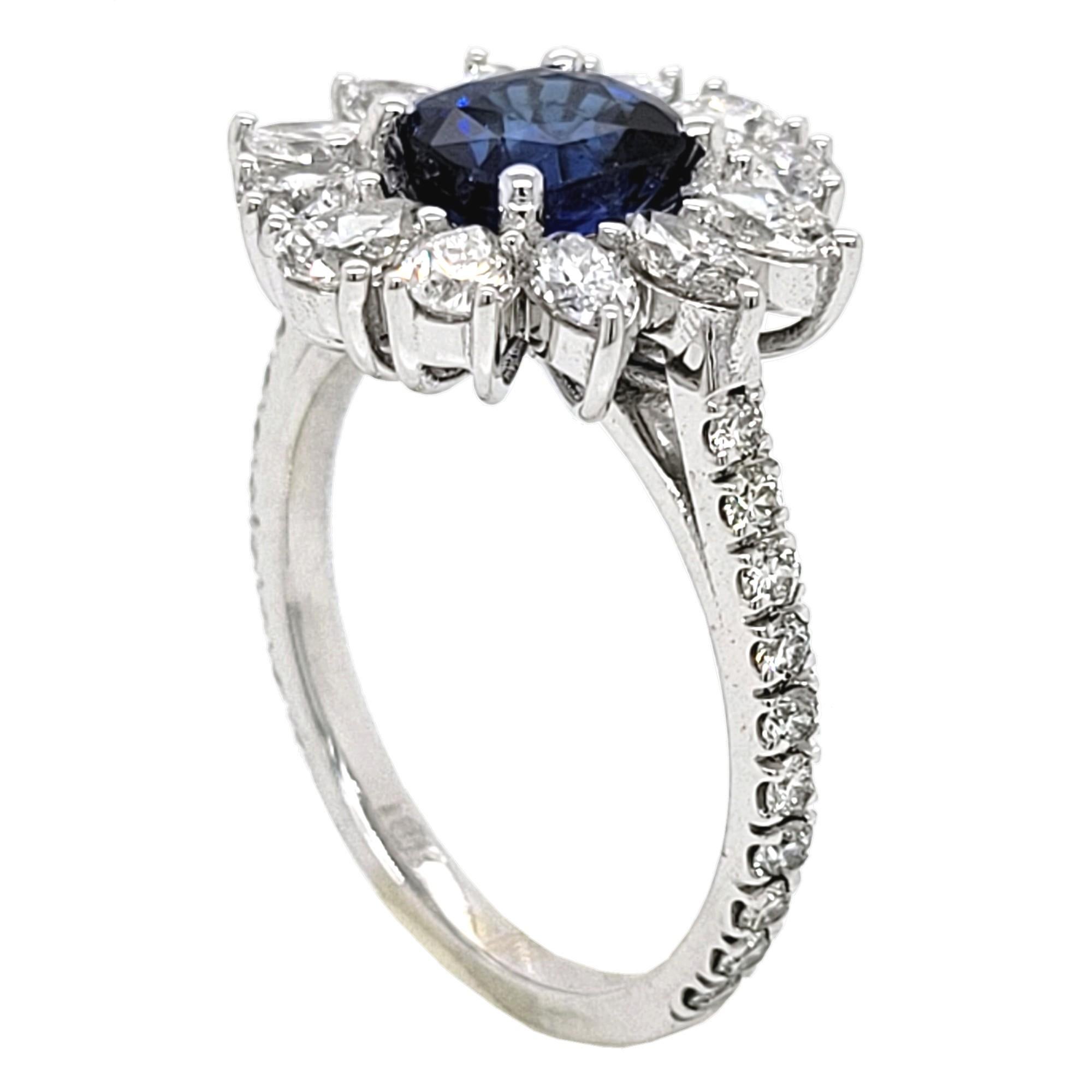 Cushion Cut 1.64C Cushion Sapphire 18K Pave Set Engagement Ring with Pear & Marrquis Halo For Sale