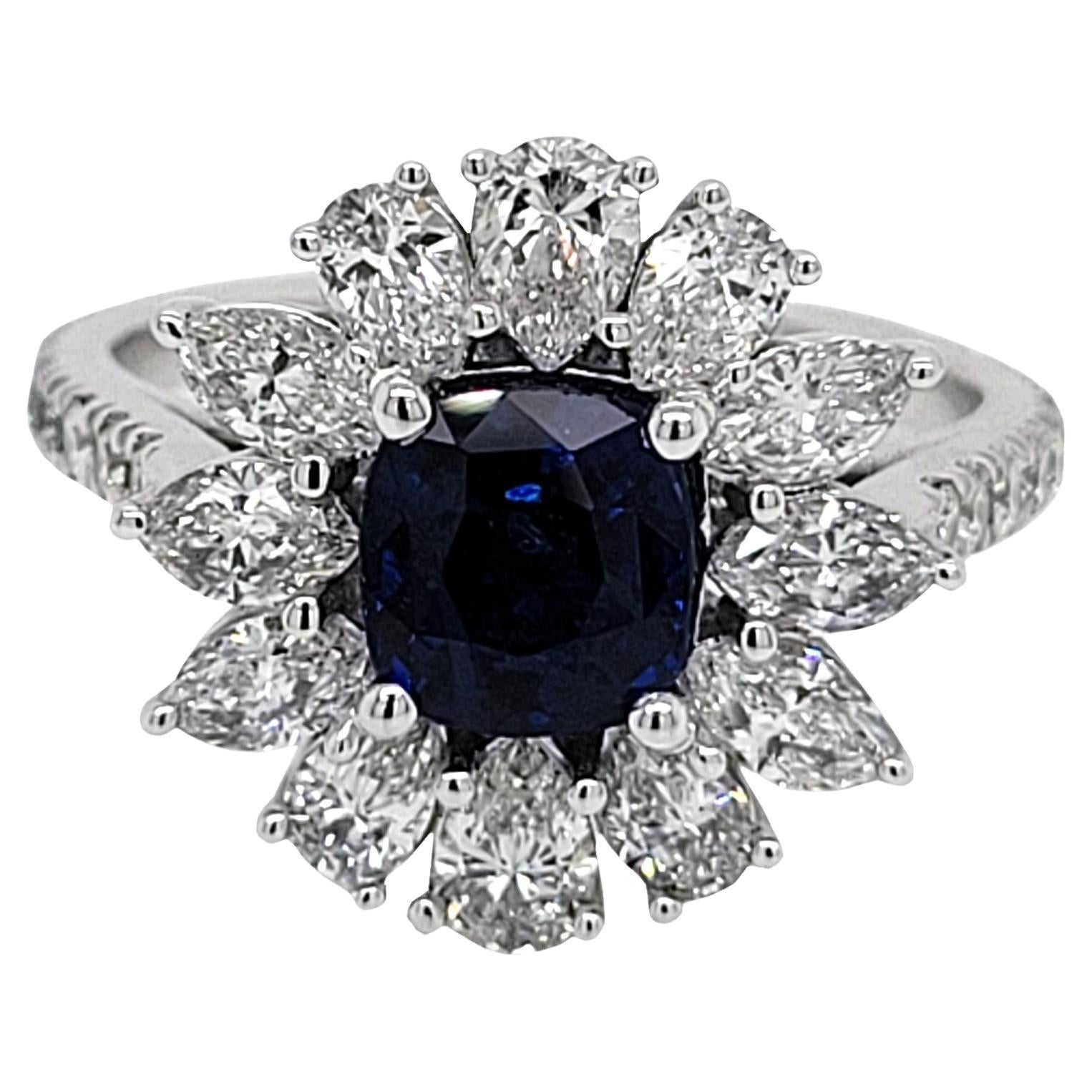 1.64C Cushion Sapphire 18K Pave Set Engagement Ring with Pear & Marrquis Halo For Sale