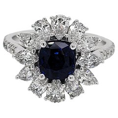 1.64C Cushion Sapphire 18K Pave Set Engagement Ring with Pear & Marrquis Halo