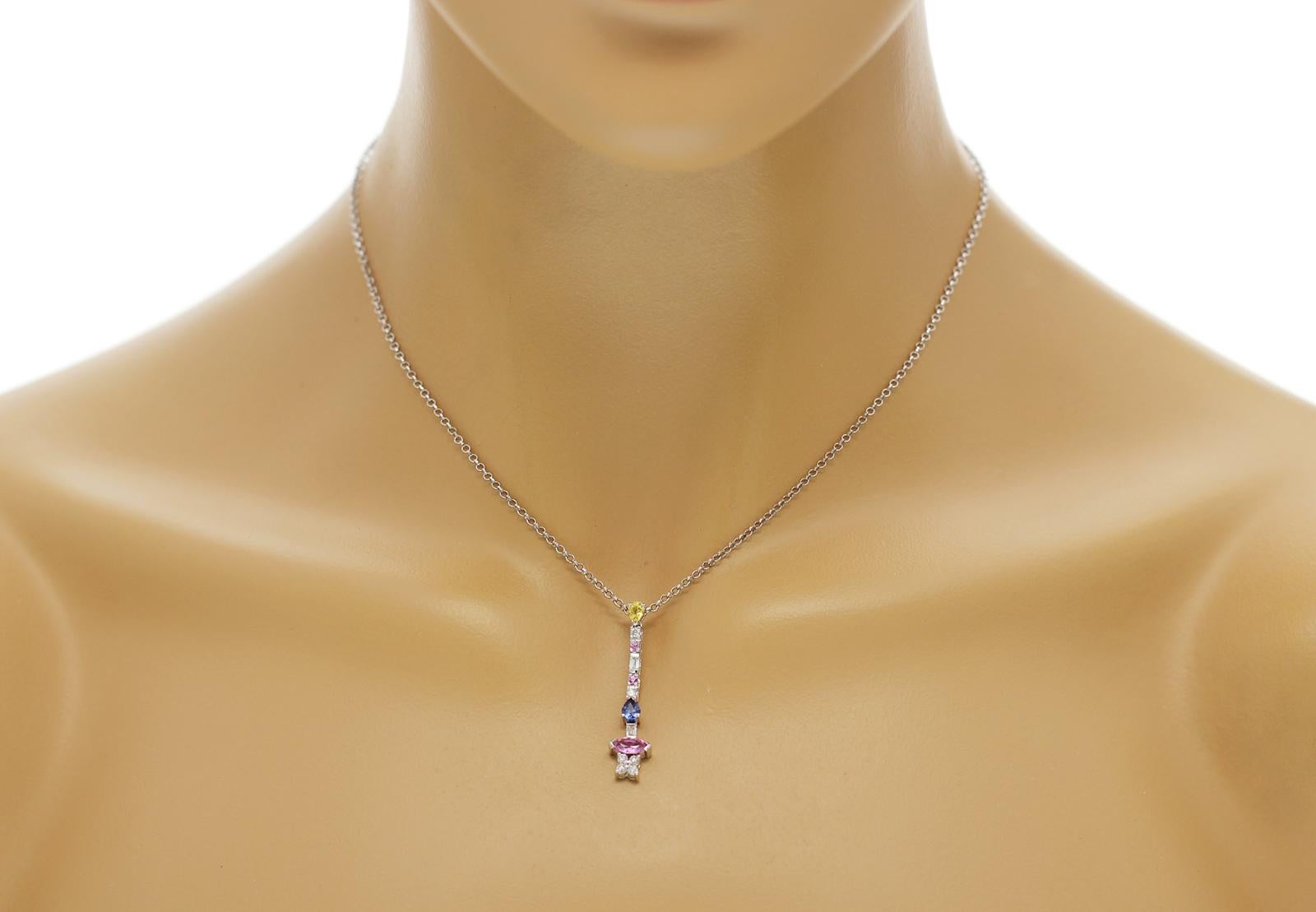 100% Authentic, 100% Customer Satisfaction

Pendant: 34 mm

Chain: 8 mm

Size: 16 Inches

Metal: 18K White Gold

Hallmarks: 18K

Total Weight: 1.68 Grams

Stone Type: 1.64 CT Natural Sapphire &  Diamond 0.32 CT  G   SI1

Condition: New With Tag