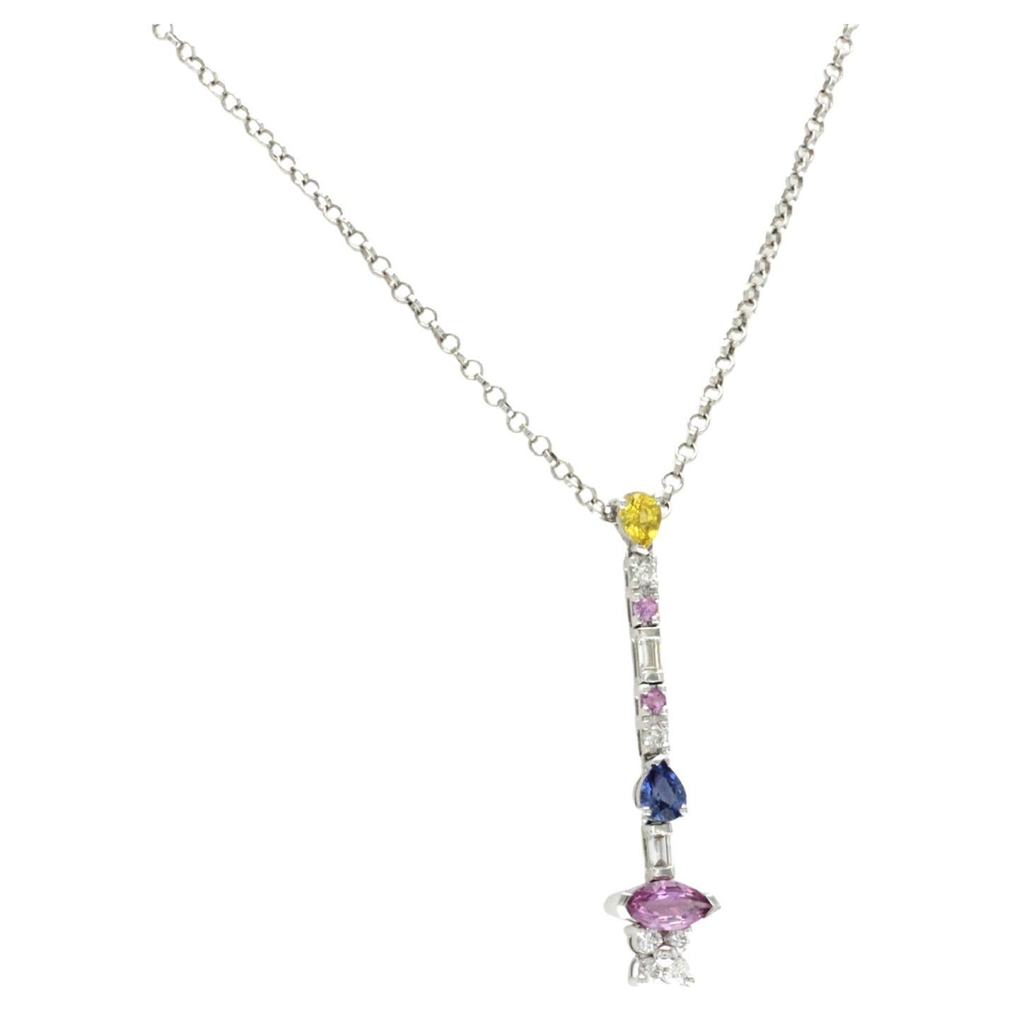 1.64 Ct Sapphires 0.32 Ct Diamond 18K White Gold Drop Necklace For Sale