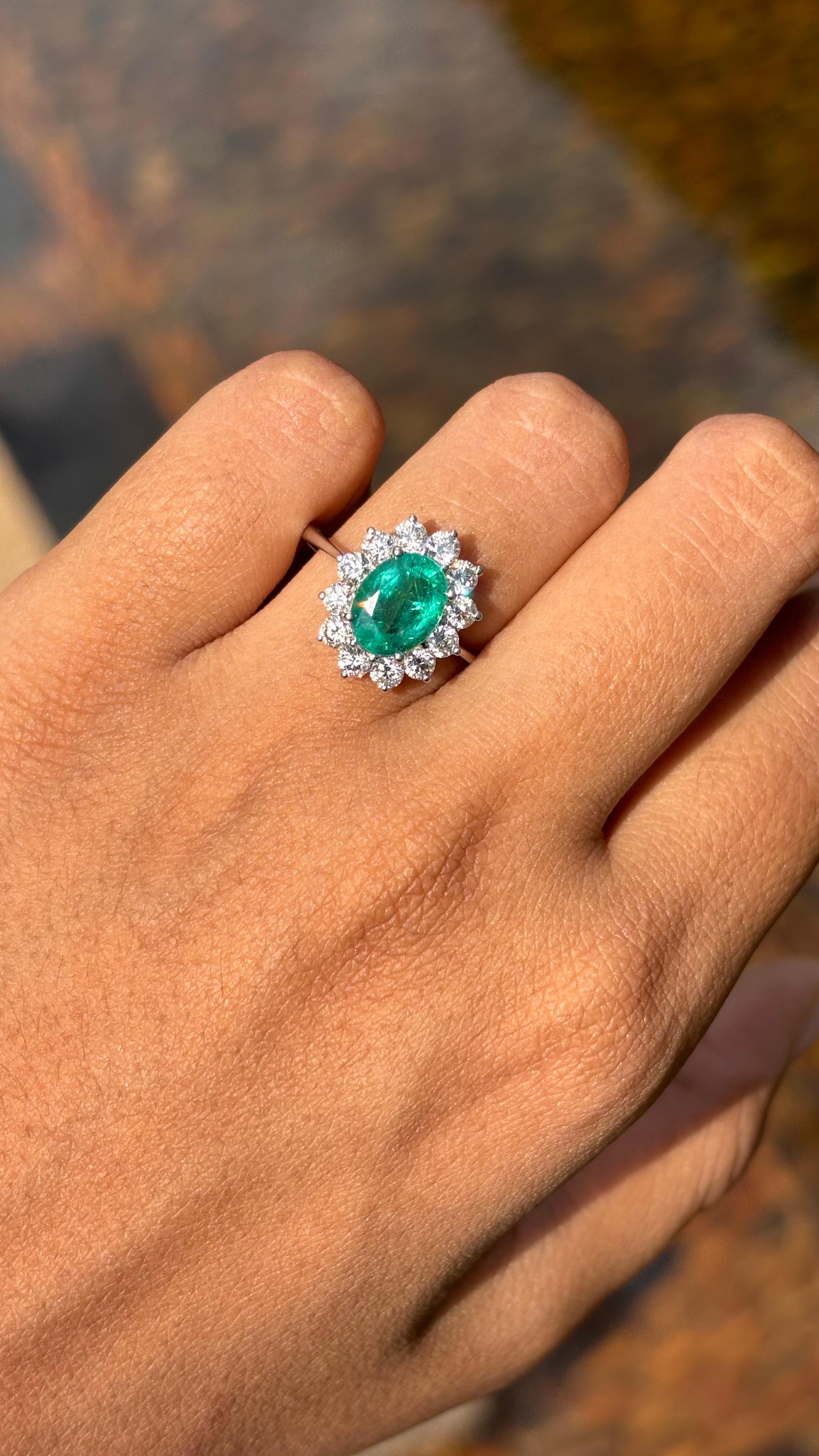 1.64 Ct Vivid Green Zambian Emerald with Halo Diamonds 18K White Gold Ring For Sale 3