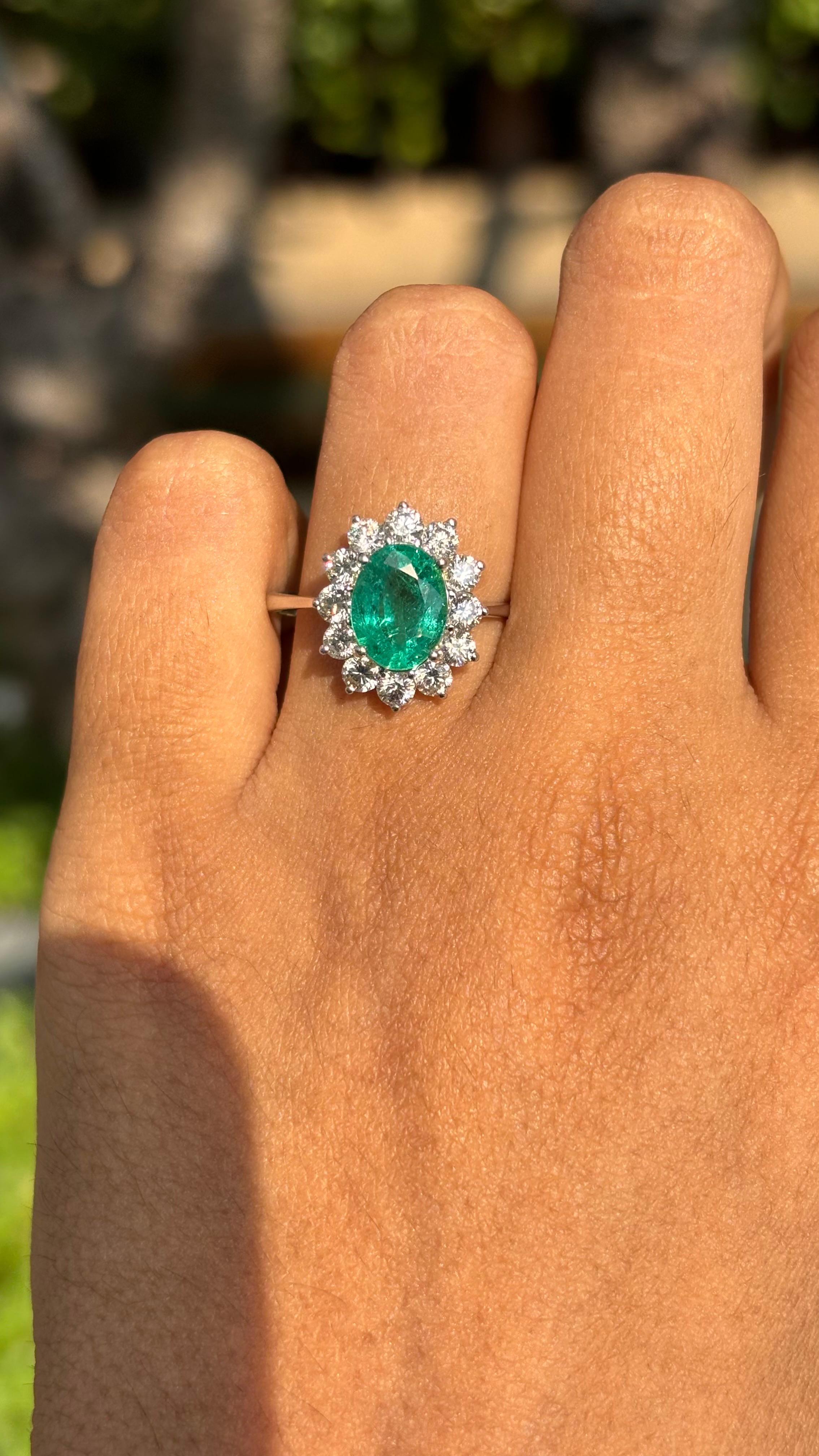 1.64 Ct Vivid Green Zambian Emerald with Halo Diamonds 18K White Gold Ring For Sale 4
