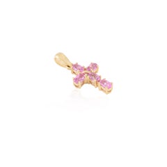 1.64 CTW Natural Pink Sapphire Cross Pendant in 14k Solid Yellow Gold