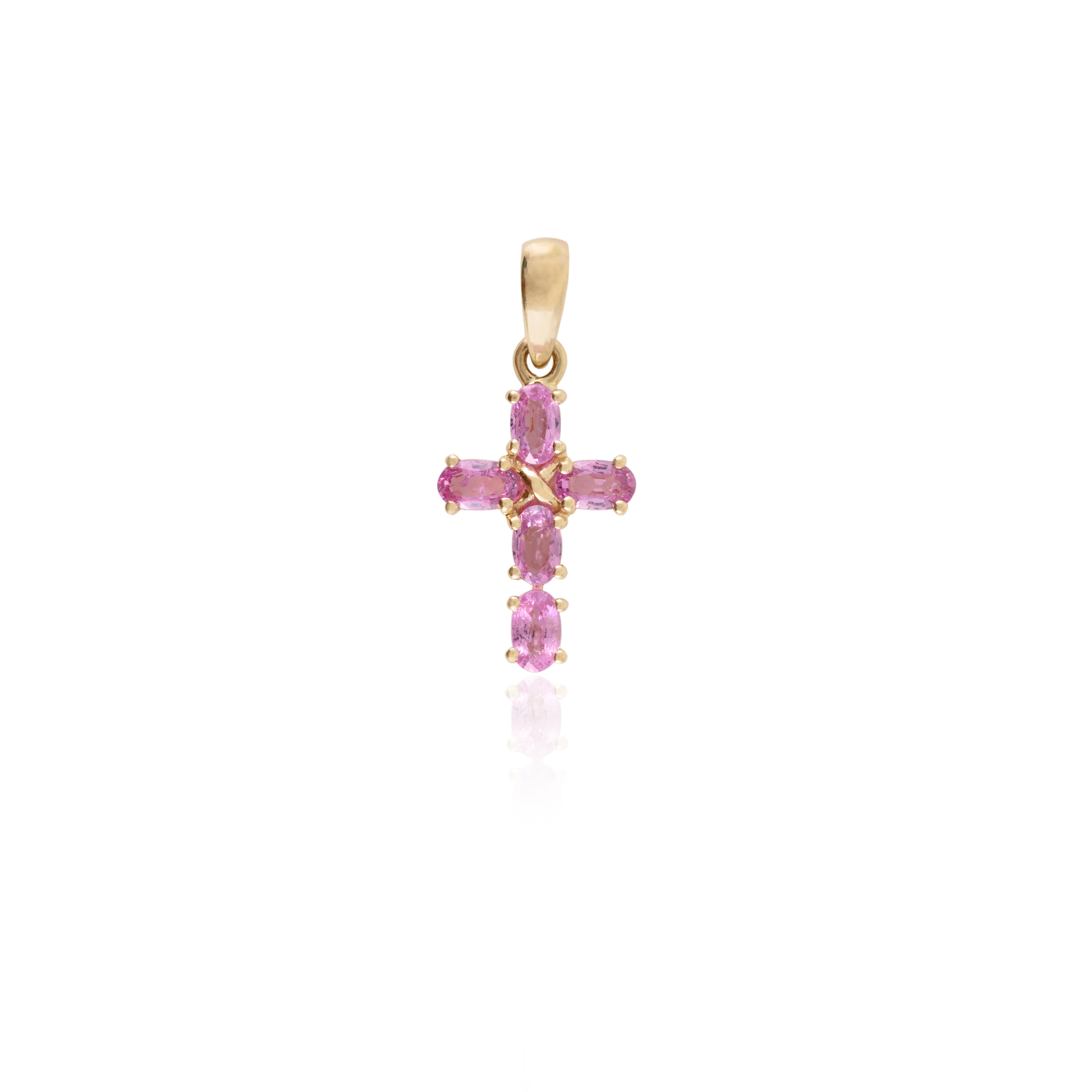 Oval Cut 1.64 CTW Natural Pink Sapphire Cross Pendant in 14k Solid Yellow Gold For Sale
