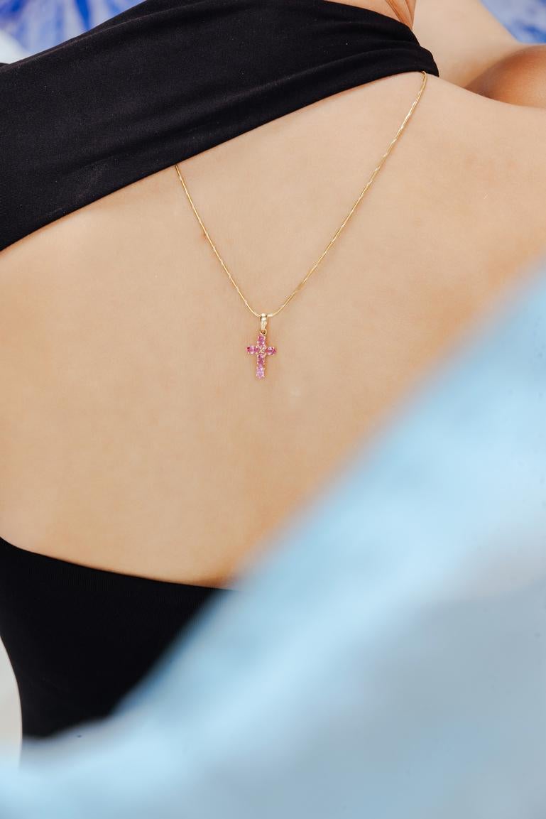 Women's 1.64 CTW Natural Pink Sapphire Cross Pendant in 14k Solid Yellow Gold For Sale