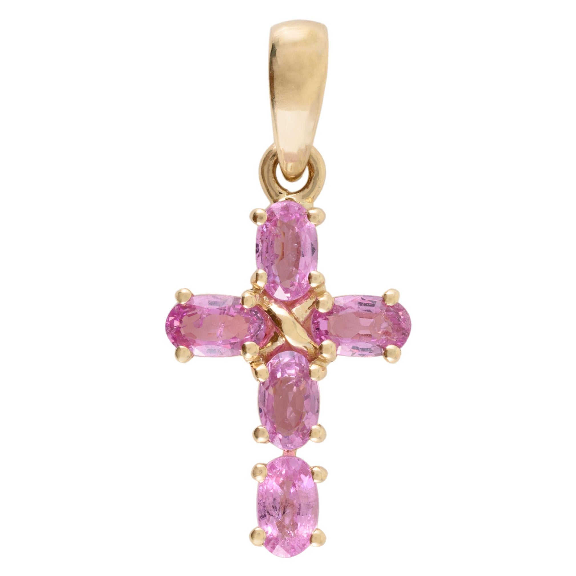Ciondolo a croce con zaffiro rosa naturale da 1,64 CTW in oro giallo massiccio 14k in vendita