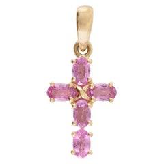 Ciondolo a croce con zaffiro rosa naturale da 1,64 CTW in oro giallo massiccio 14k