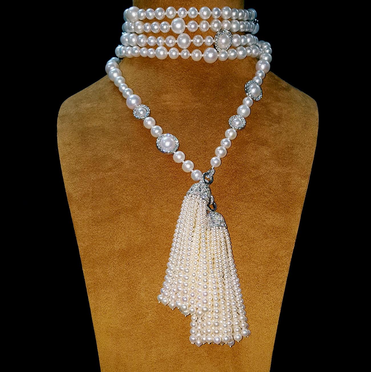 Elevate your jewelry collection with our luxurious pearl necklace with tassels, enhanced by diamond necklace, featuring a breathtaking 16.40 Carat round brilliant-cut diamond with F-G color and VS clarity. This masterpiece is complemented by a