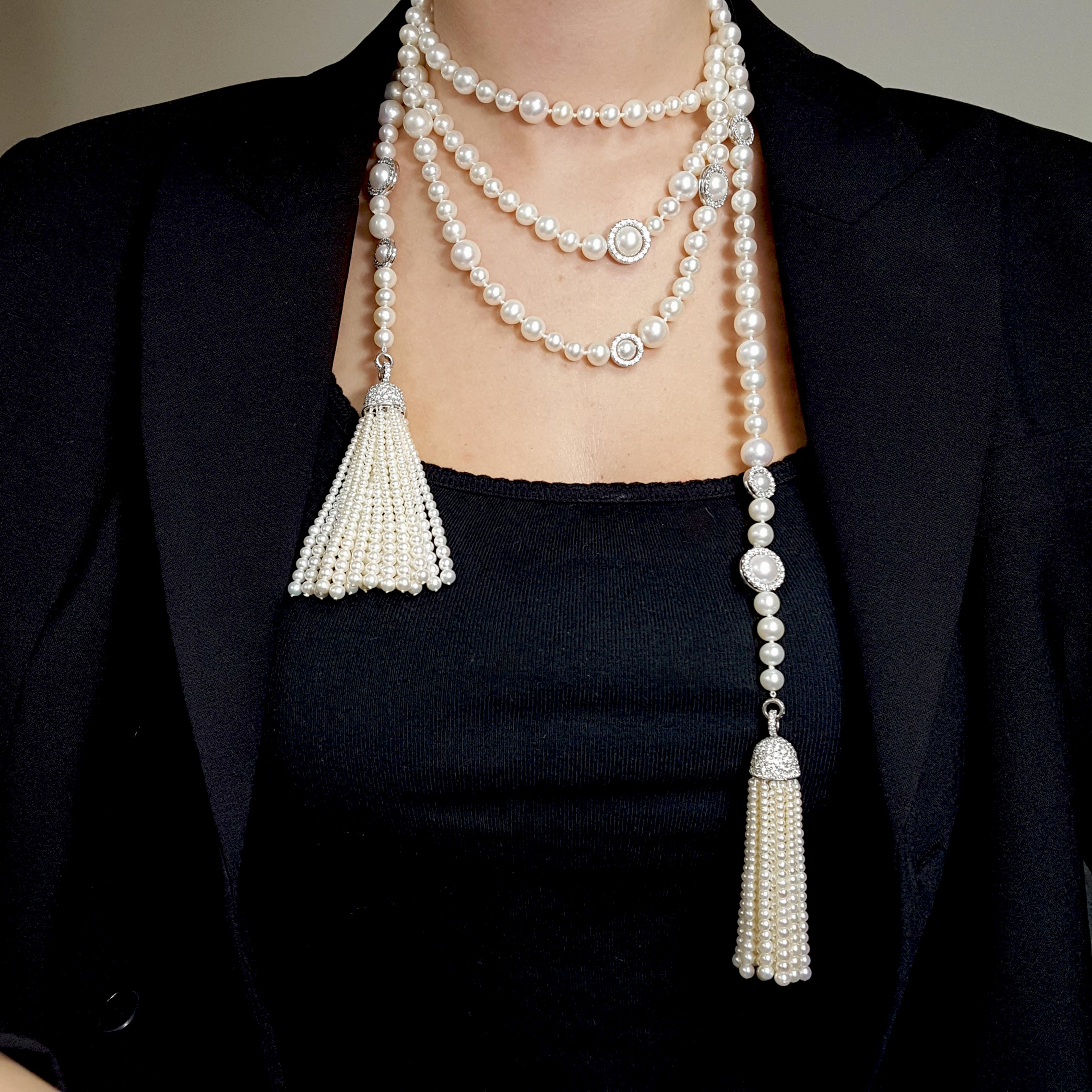 Art Deco 16.40 Carat Diamonds & Pearls Sautoir Lariat Tassel  Necklace, 18K White Gold.