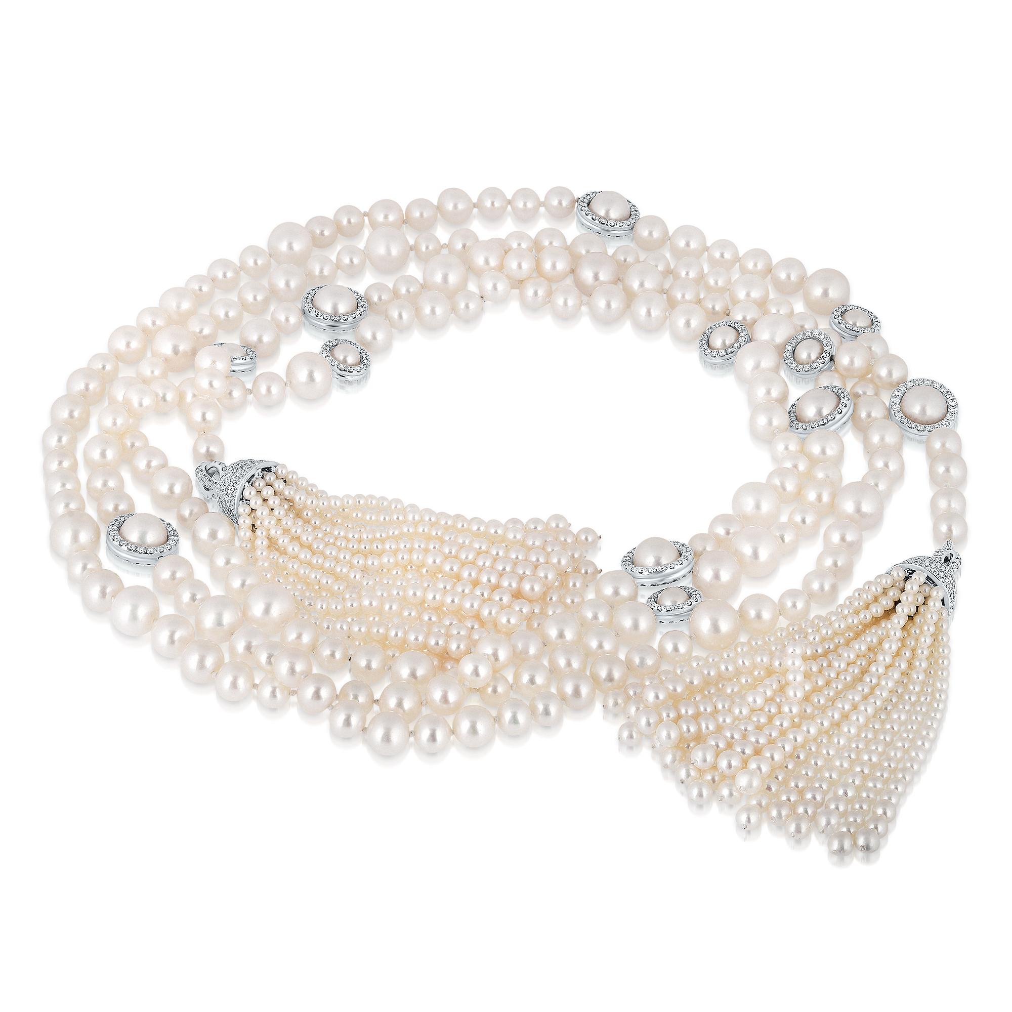 Round Cut 16.40 Carat Diamonds & Pearls Sautoir Lariat Tassel  Necklace, 18K White Gold.