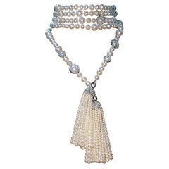 16.40 Carat Diamonds & Pearls Sautoir Lariat Tassel  Necklace, 18K White Gold.