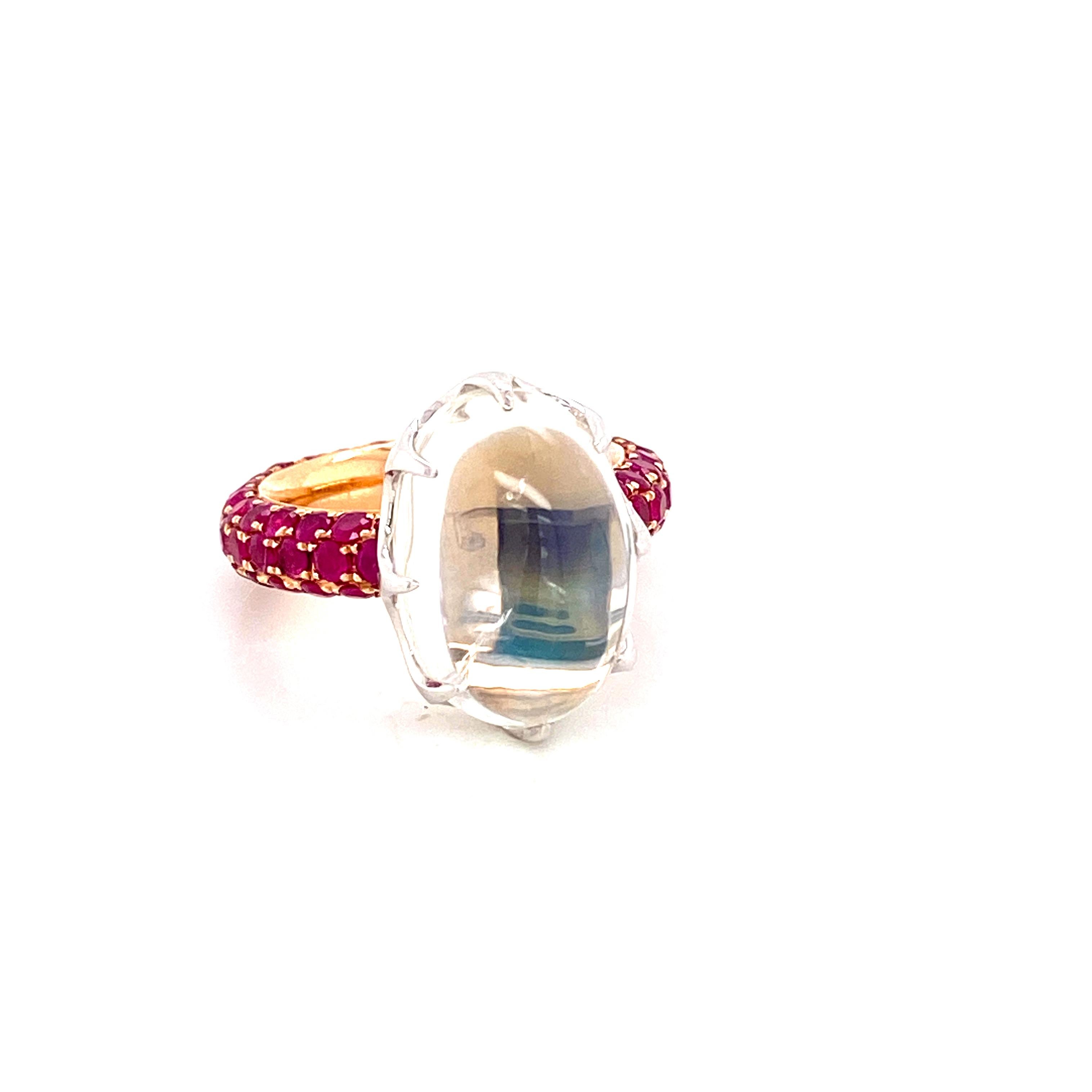 Cabochon 16.40 Carat Moonstone and Vivid Red Ruby Gold Cocktail Ring For Sale
