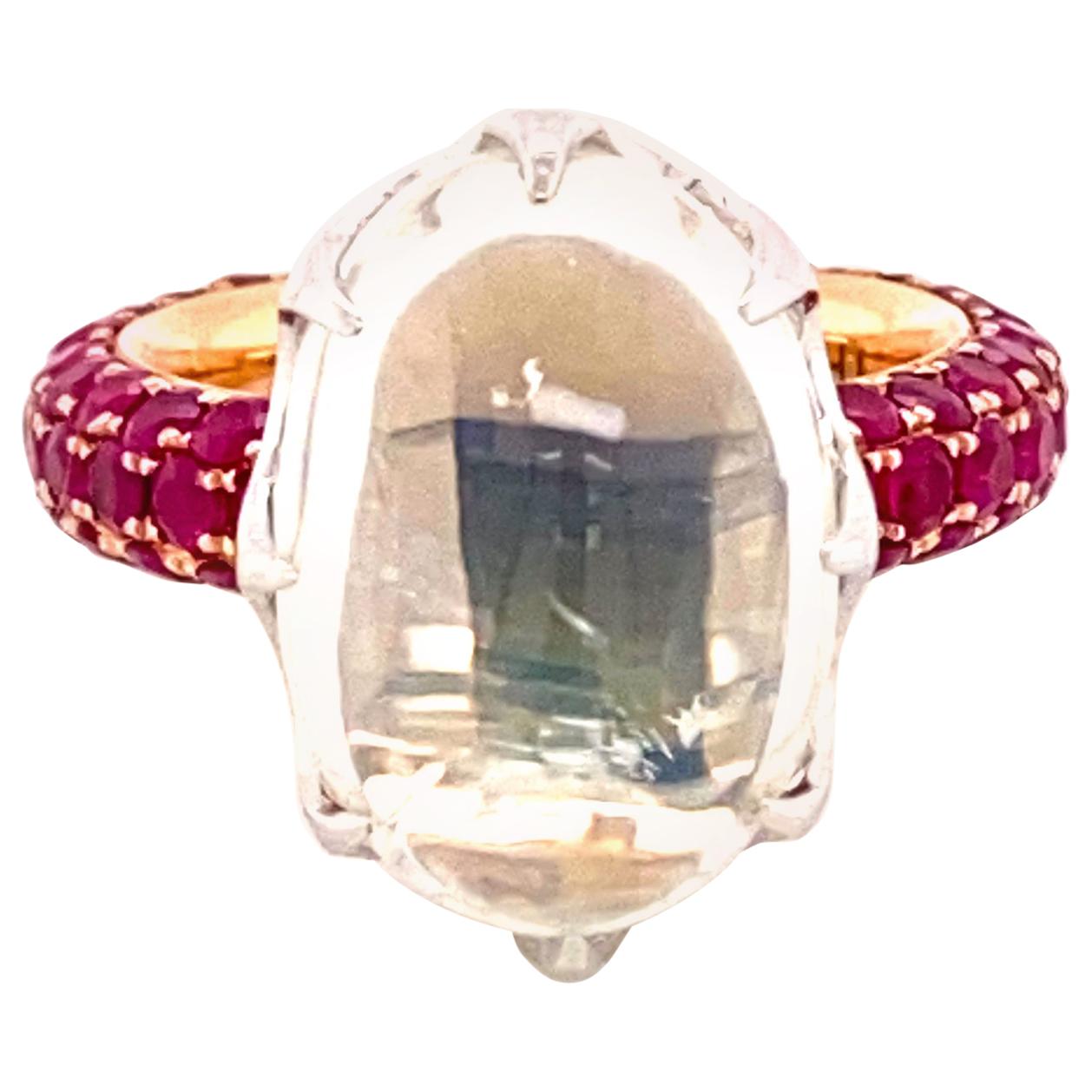 16.40 Carat Moonstone and Vivid Red Ruby Gold Cocktail Ring