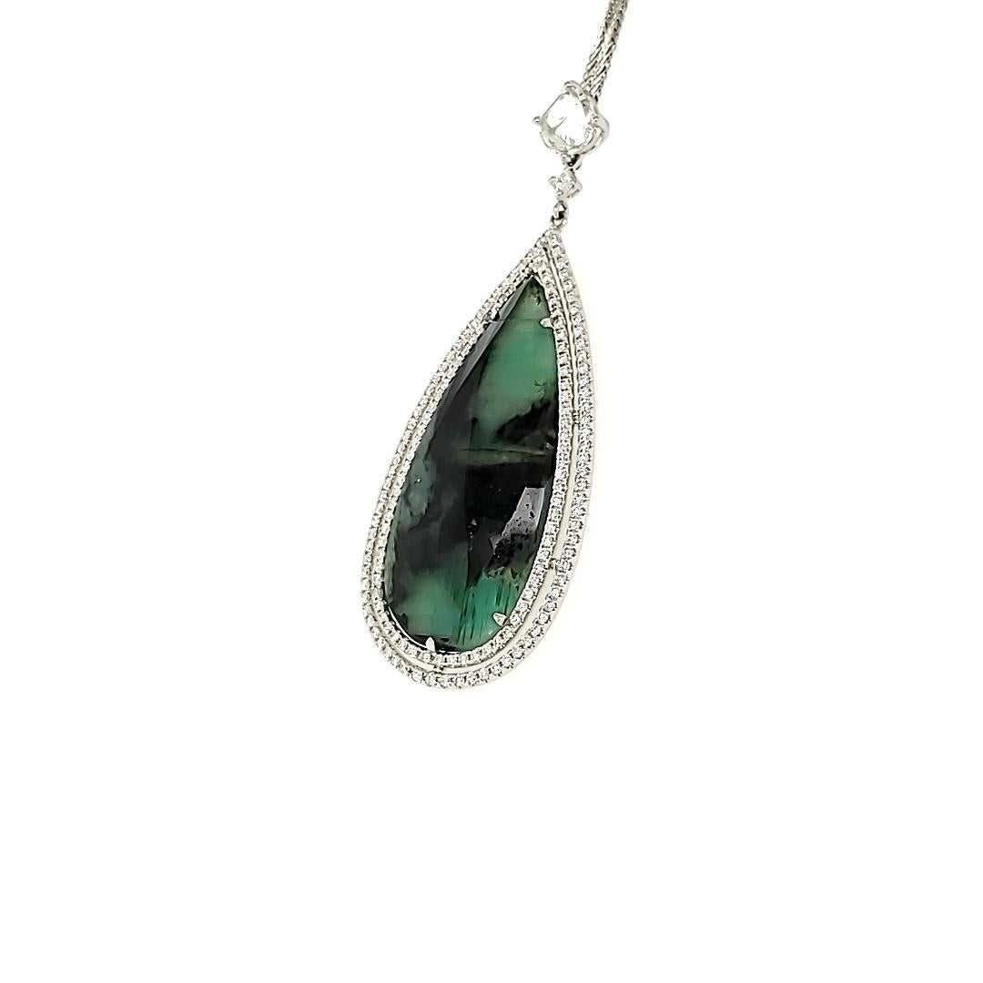 Modern 16.40 Carat Pear Shaped Emerald and White Diamond Pendant with White Gold Chain For Sale