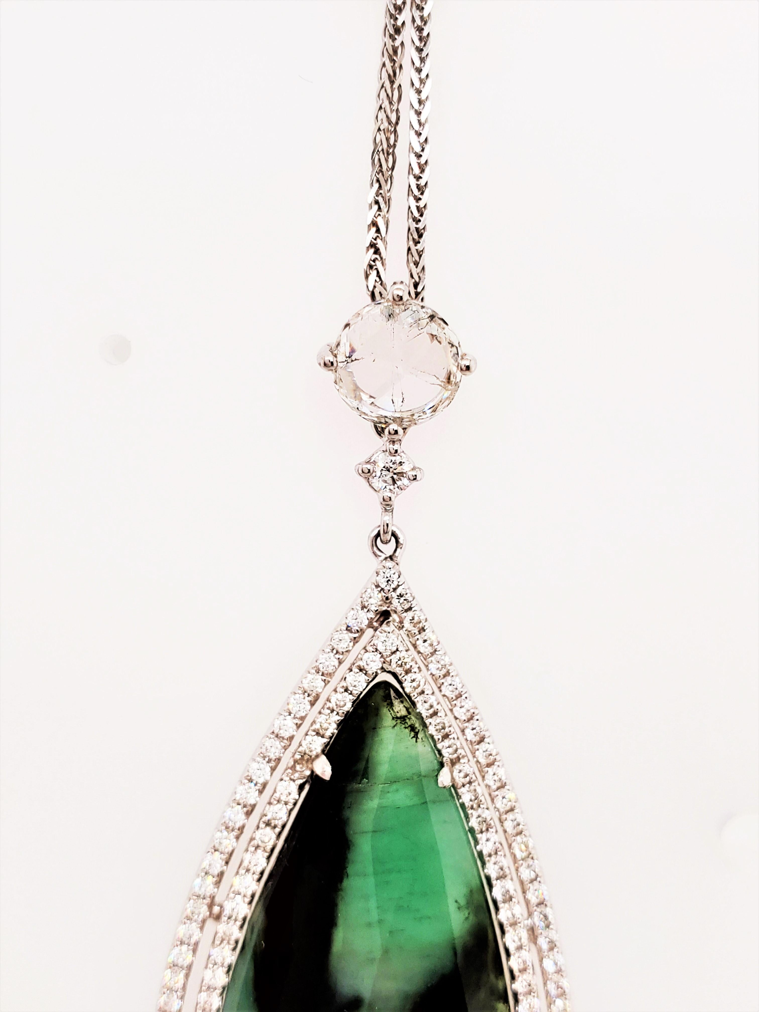 Pear Cut 16.40 Carat Pear Shaped Emerald and White Diamond Pendant with White Gold Chain For Sale