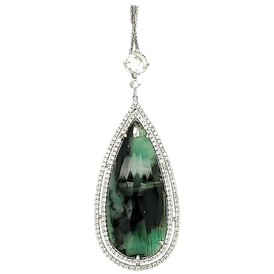 16.40 Carat Pear Shaped Emerald and White Diamond Pendant with White Gold Chain