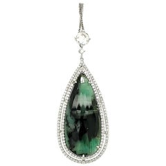 16.40 Carat Pear Shaped Emerald and White Diamond Pendant with White Gold Chain