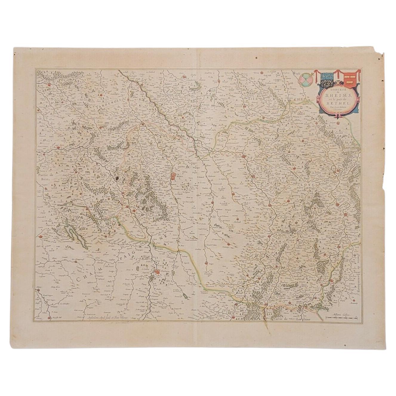 1640 Joan Bleau Map Entitled"Diocecese de rheims et le pais de rethel, " Eic.a011 For Sale