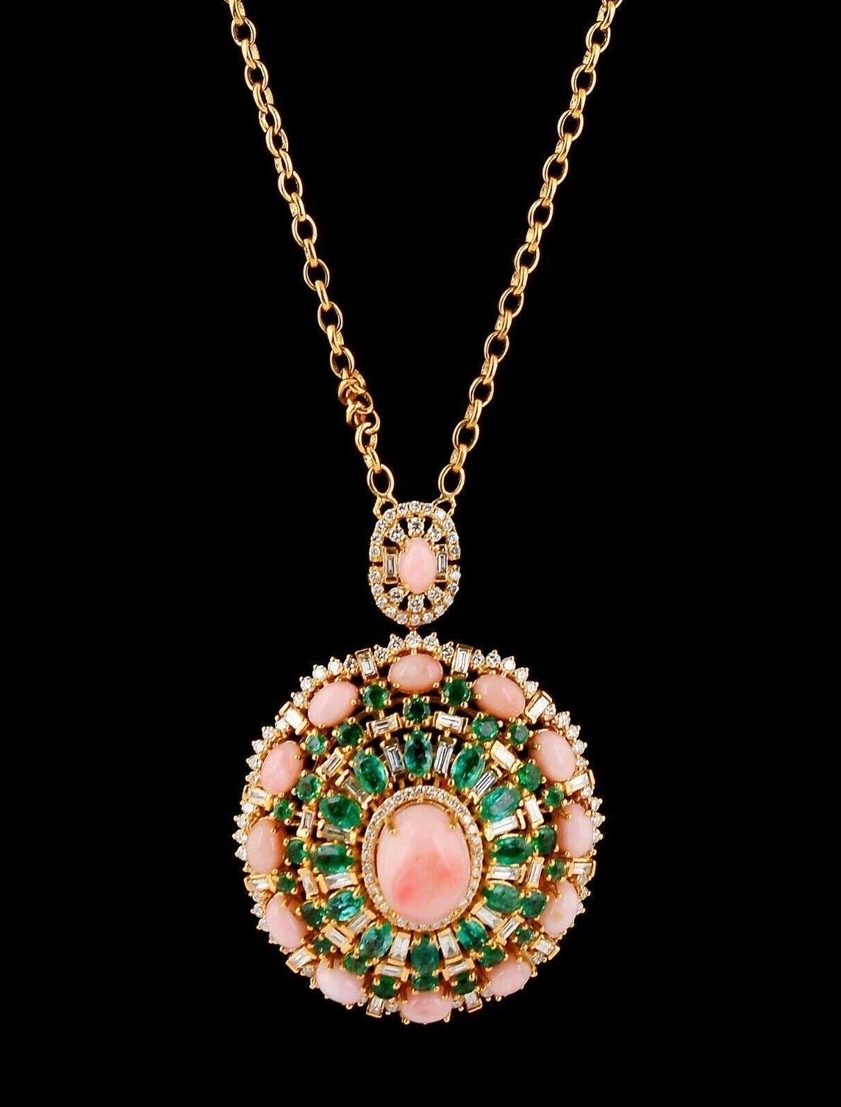 16.40 Rosa Opal Smaragd Diamant 14 Karat Gold Anhänger Halskette (Moderne) im Angebot