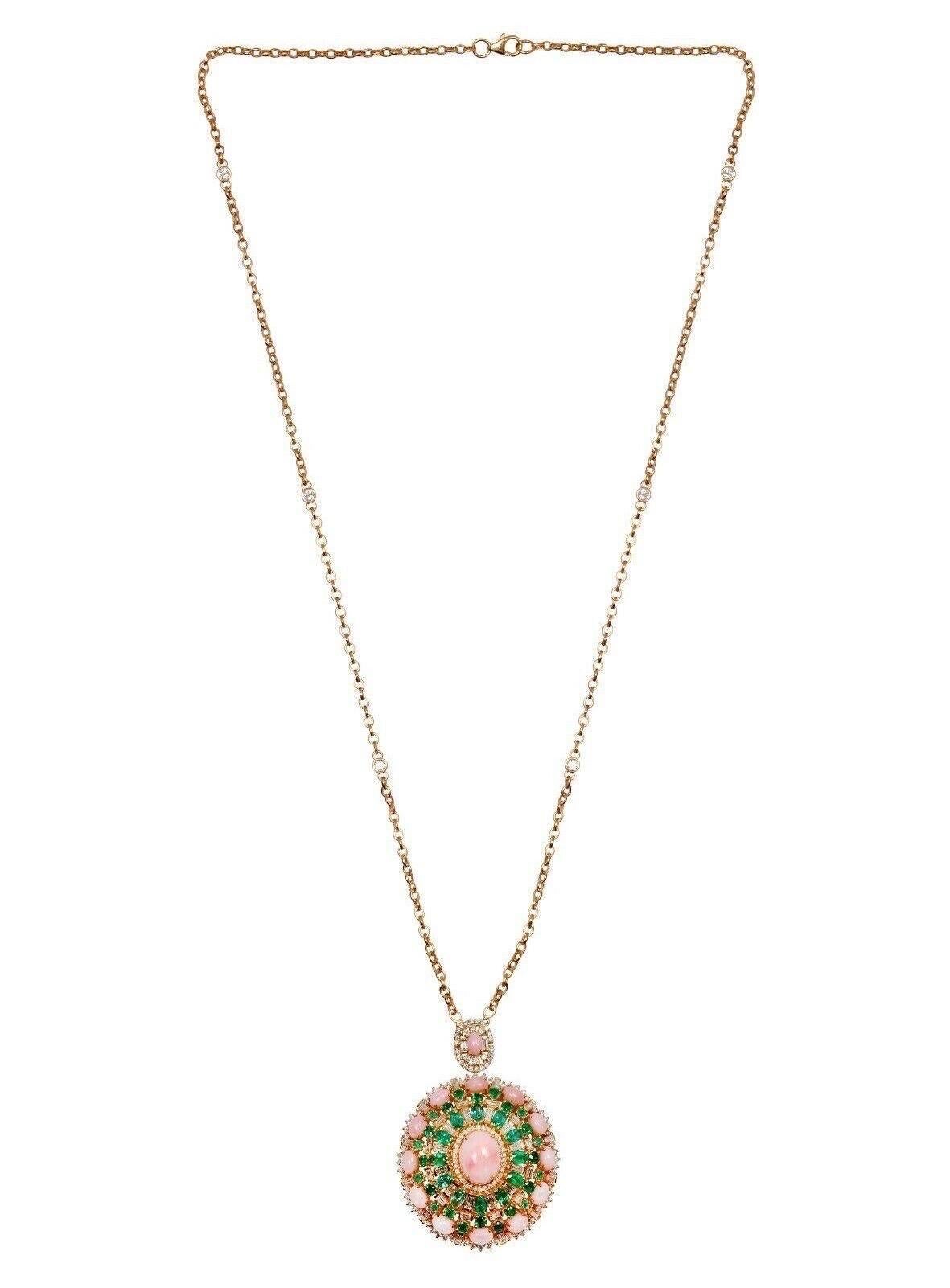 16.40 Rosa Opal Smaragd Diamant 14 Karat Gold Anhänger Halskette (Gemischter Schliff) im Angebot