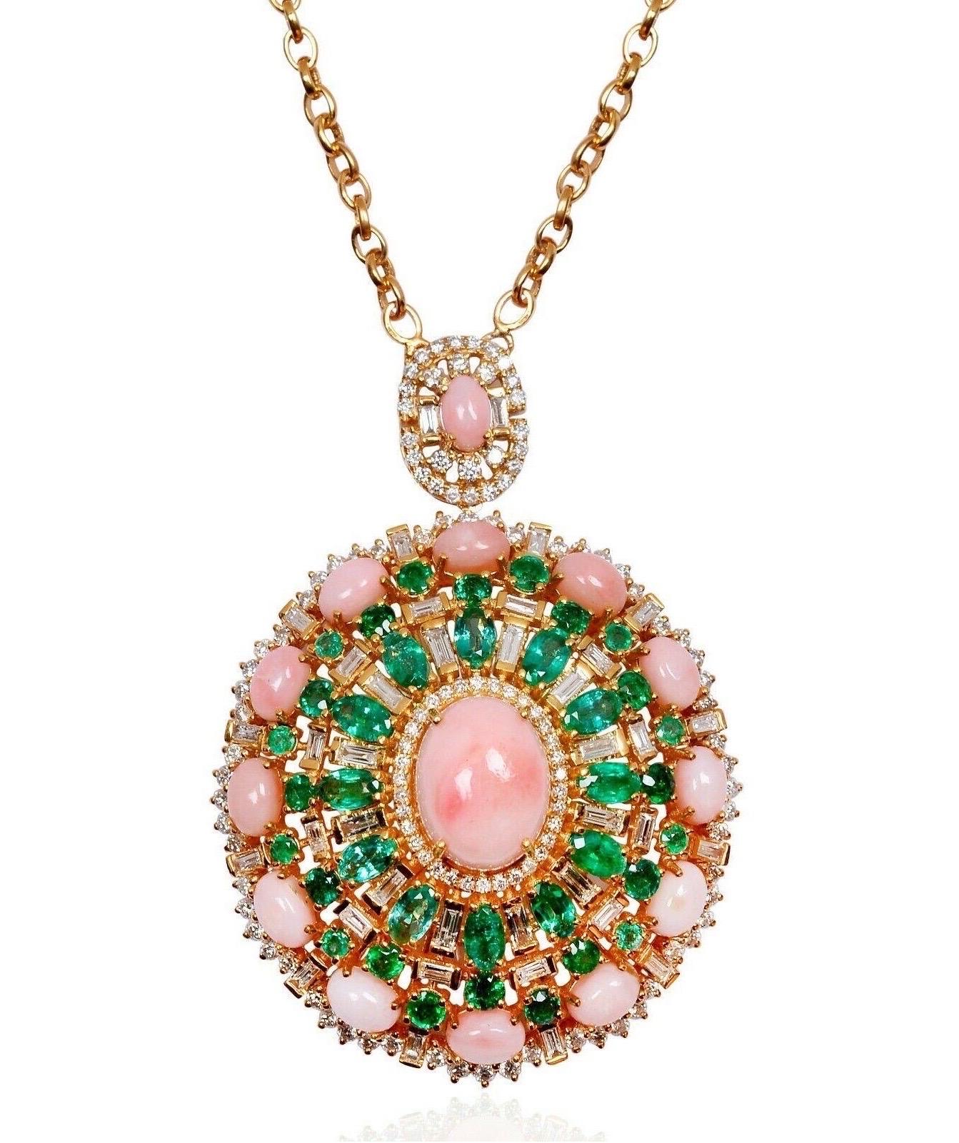 Mixed Cut 16.40 Pink Opal Emerald Diamond 14 Karat Gold Pendant Necklace For Sale
