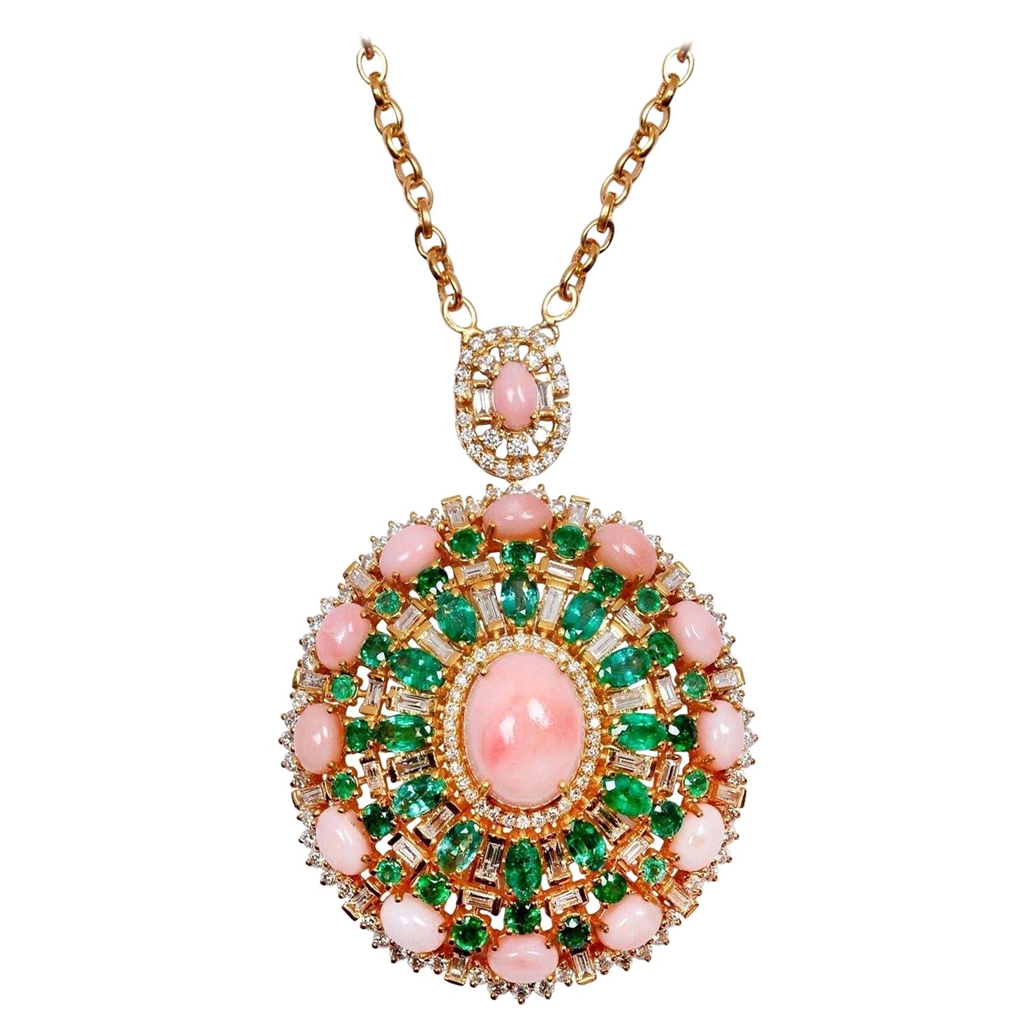 Collier pendentif en or 14 carats avec opale rose 16,40 carats, émeraudes et diamants