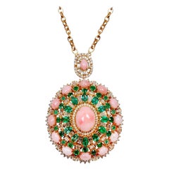 16.40 Pink Opal Emerald Diamond 14 Karat Gold Pendant Necklace