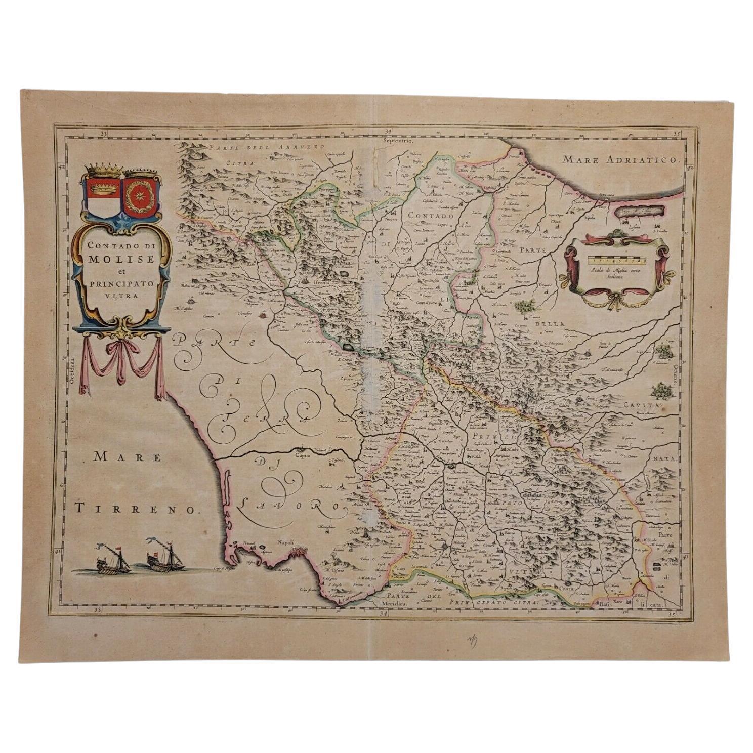 1640 Willem Blaeu Map Entitled "Contado di molise et principato vltra, " Ric.a003 For Sale