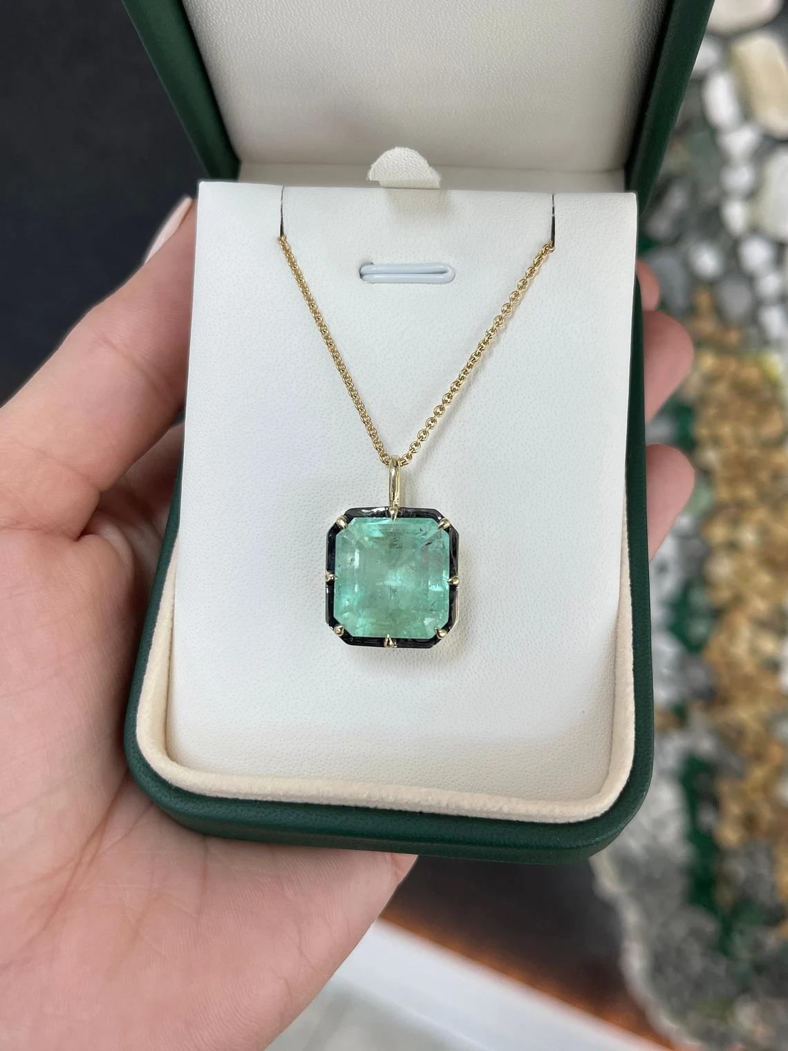 Edwardian 16.40ct 14K HUGE Asscher Cut Emerald Georgian Styled Solitaire 8 Prong Pendant  For Sale