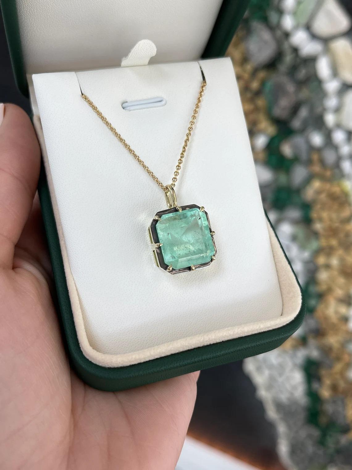 16.40ct 14K HUGE Asscher Cut Emerald Georgian Styled Solitaire 8 Prong Pendant  In New Condition For Sale In Jupiter, FL
