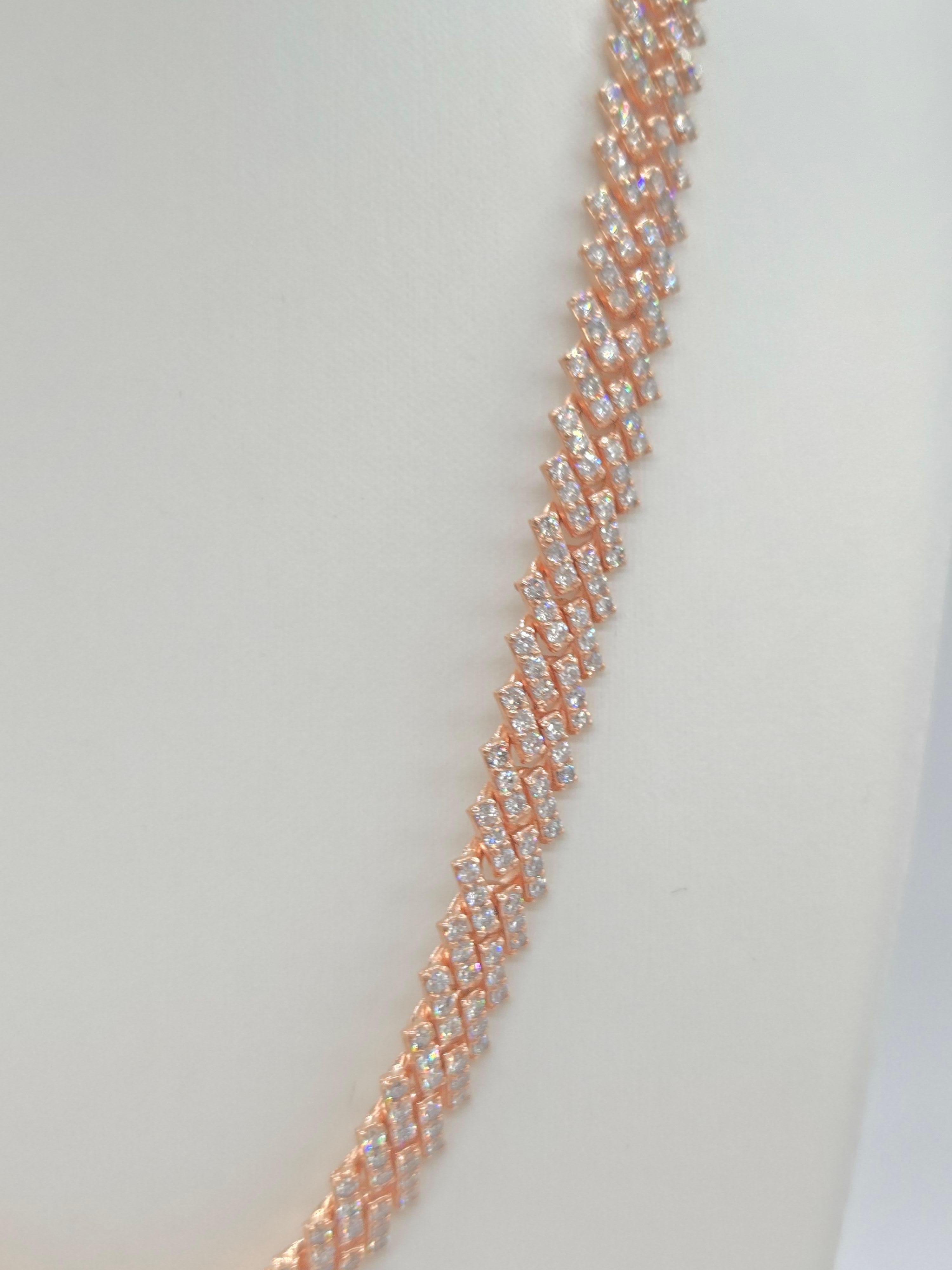 Round Cut 16.41 Carats Natural Diamonds Cuban Necklace Chain 10 Karats Rose Gold 16'' For Sale