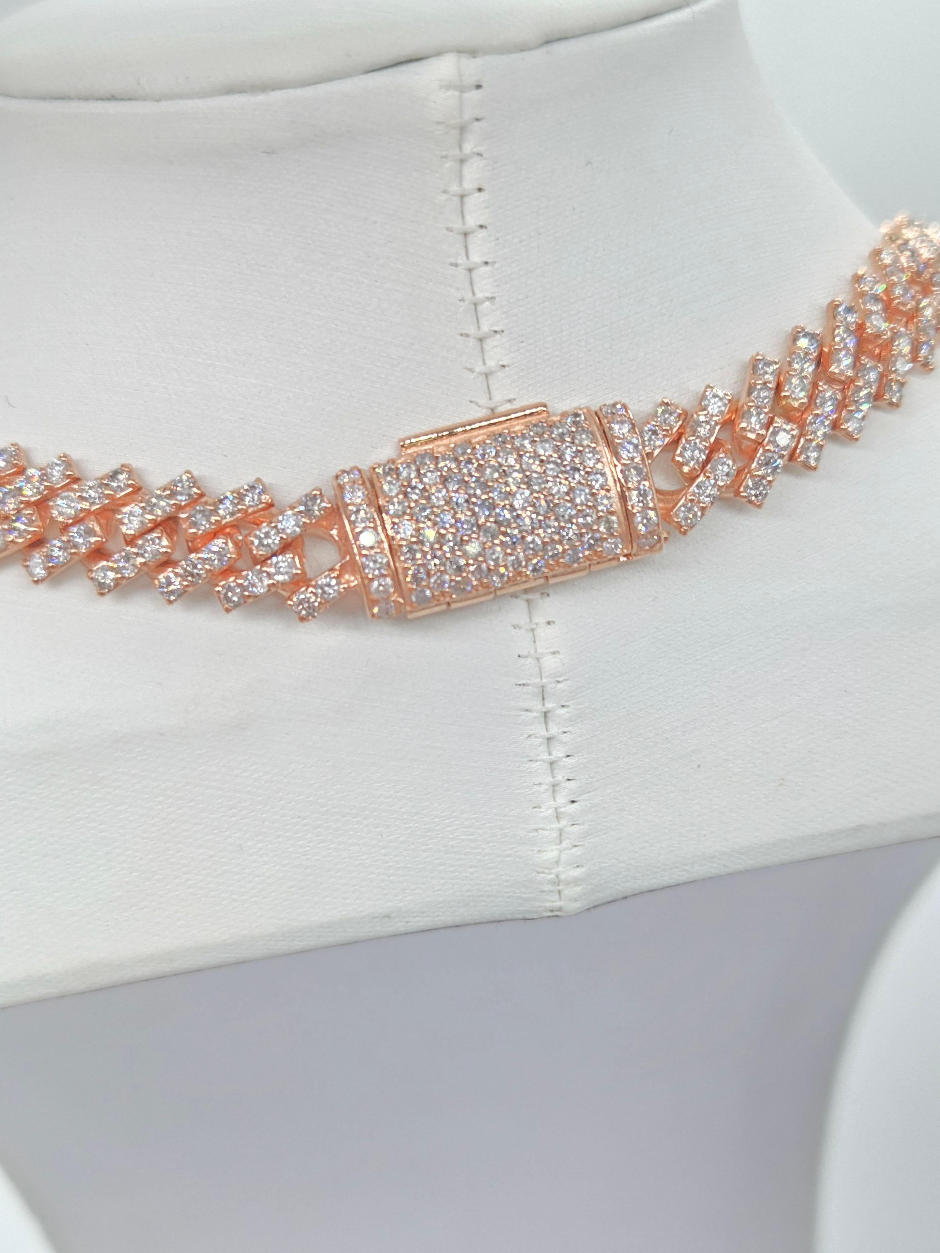 Women's or Men's 16.41 Carats Natural Diamonds Cuban Necklace Chain 10 Karats Rose Gold 16'' For Sale